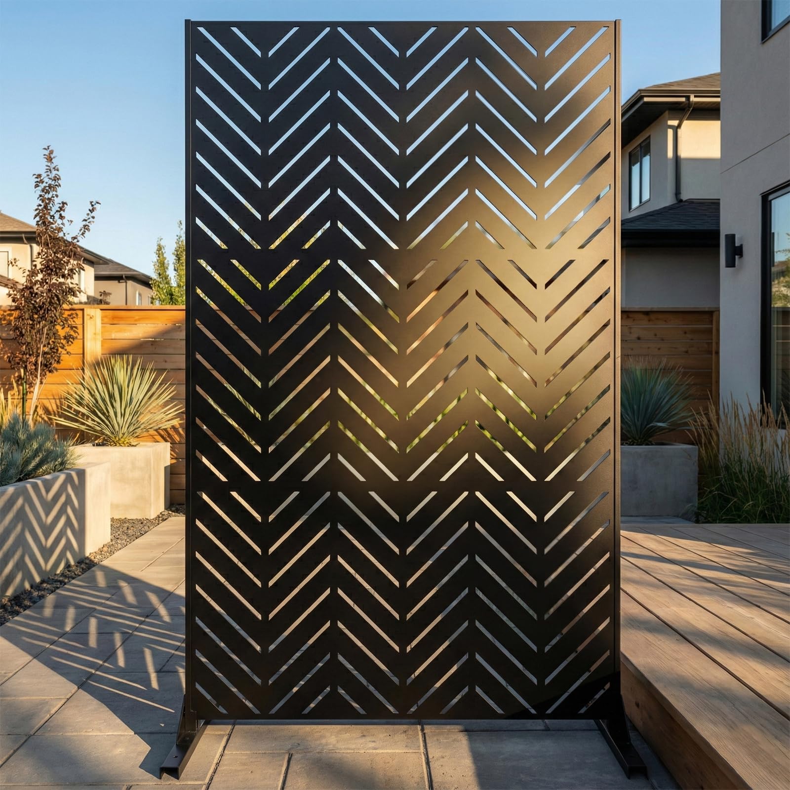 Photo 1 of Metal Privacy Screen Outdoor – 6FT Freestanding Decorative Steel Panel with Stand, Laser-Cut Chevron Pattern Modern Privacy Divider, Rustproof & Weather-Resistant Screen for Patio, Garden & Backyard