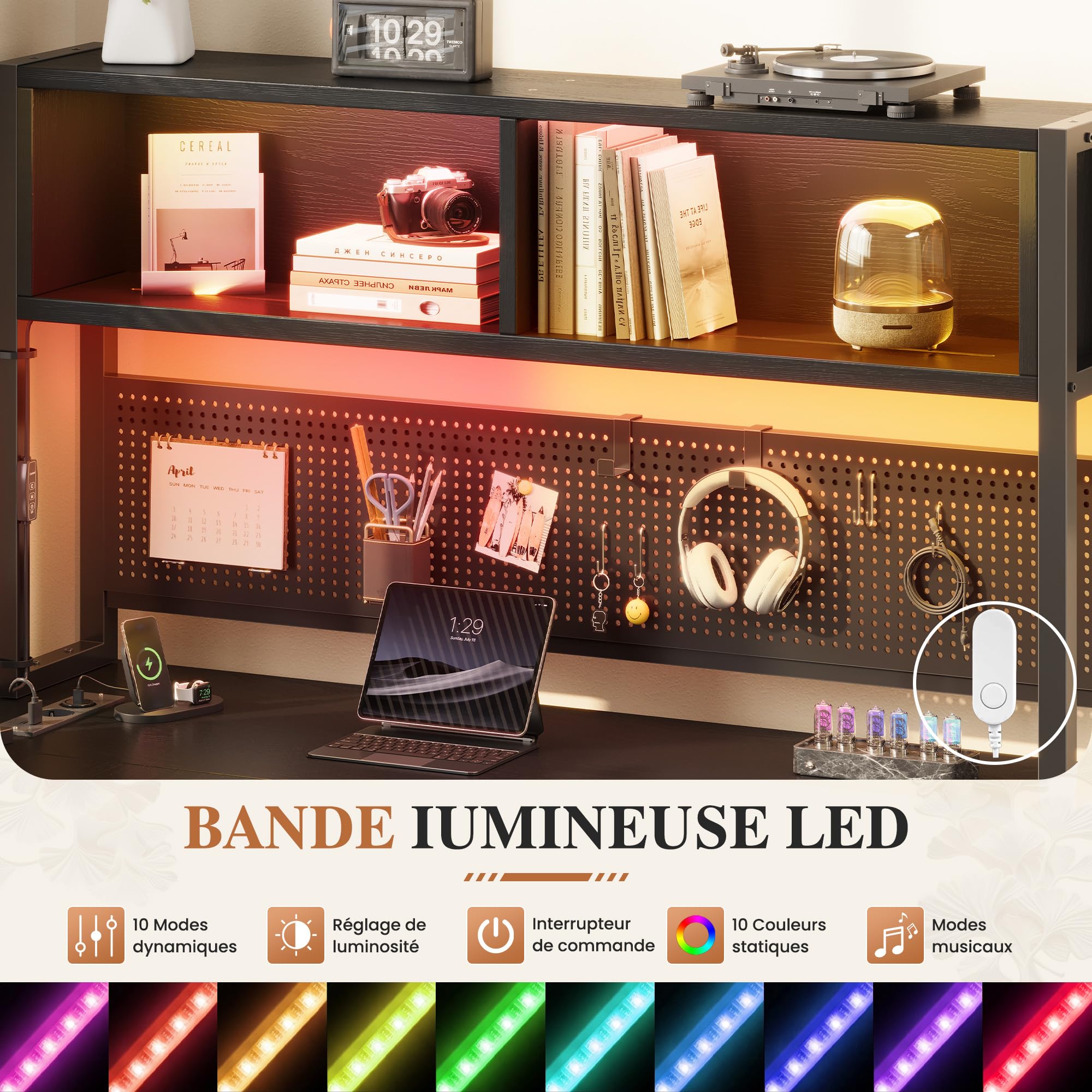 YOUDENOVA Bureau d'angle en L Réversible, Bureau Gaming avec Panneau Perforé et Étagères, Bureau avec LED et Prises, 3 Tiroirs et Poche de Rangement, Table pour Salon Domicile 135x100 cm Noir