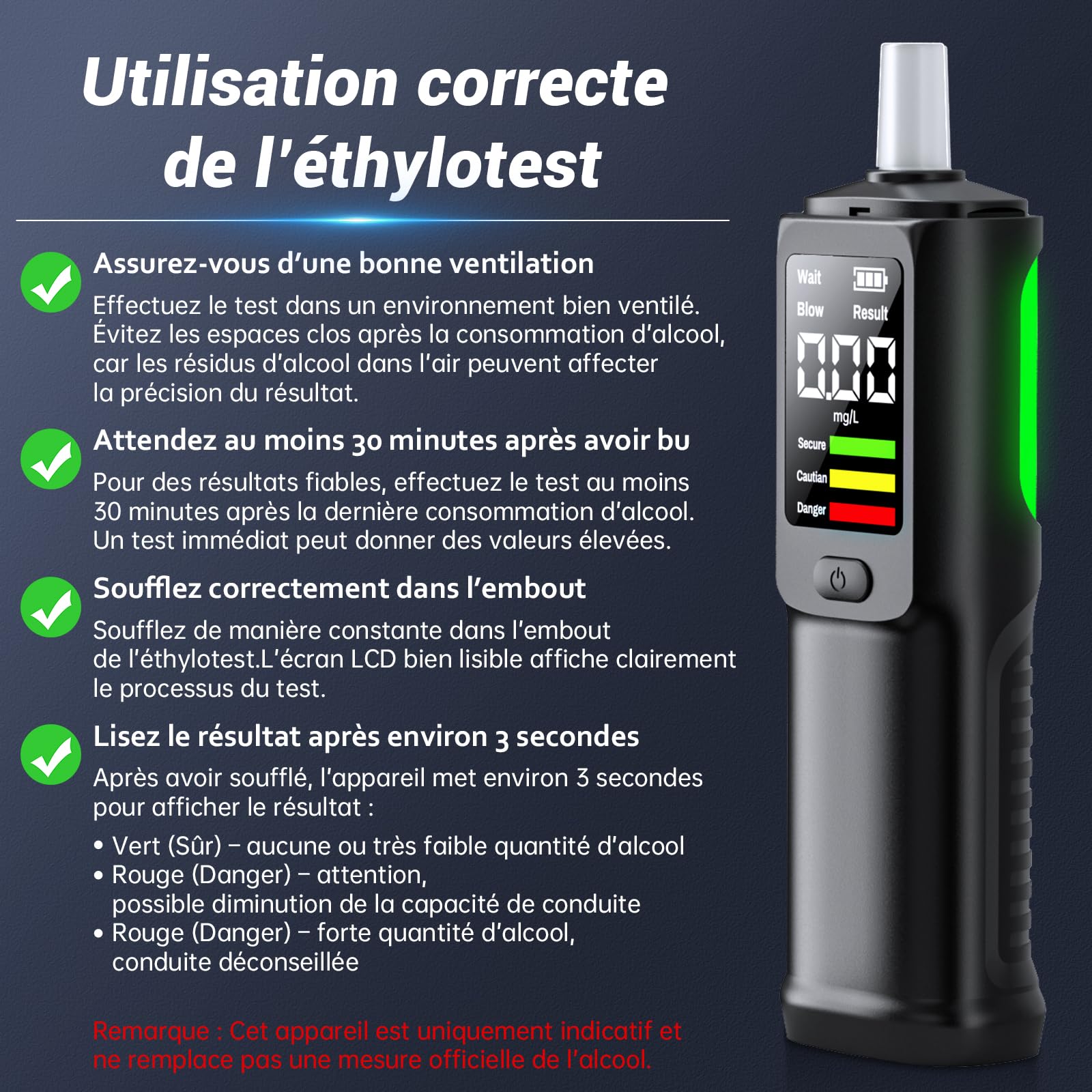 Éthylotest Électronique USB-C, Alcootest LCD | Test rapide, affichage BrAC mg/L, modes contact et sans contact, 10 embouts inclus, compact pour voiture et soirées.