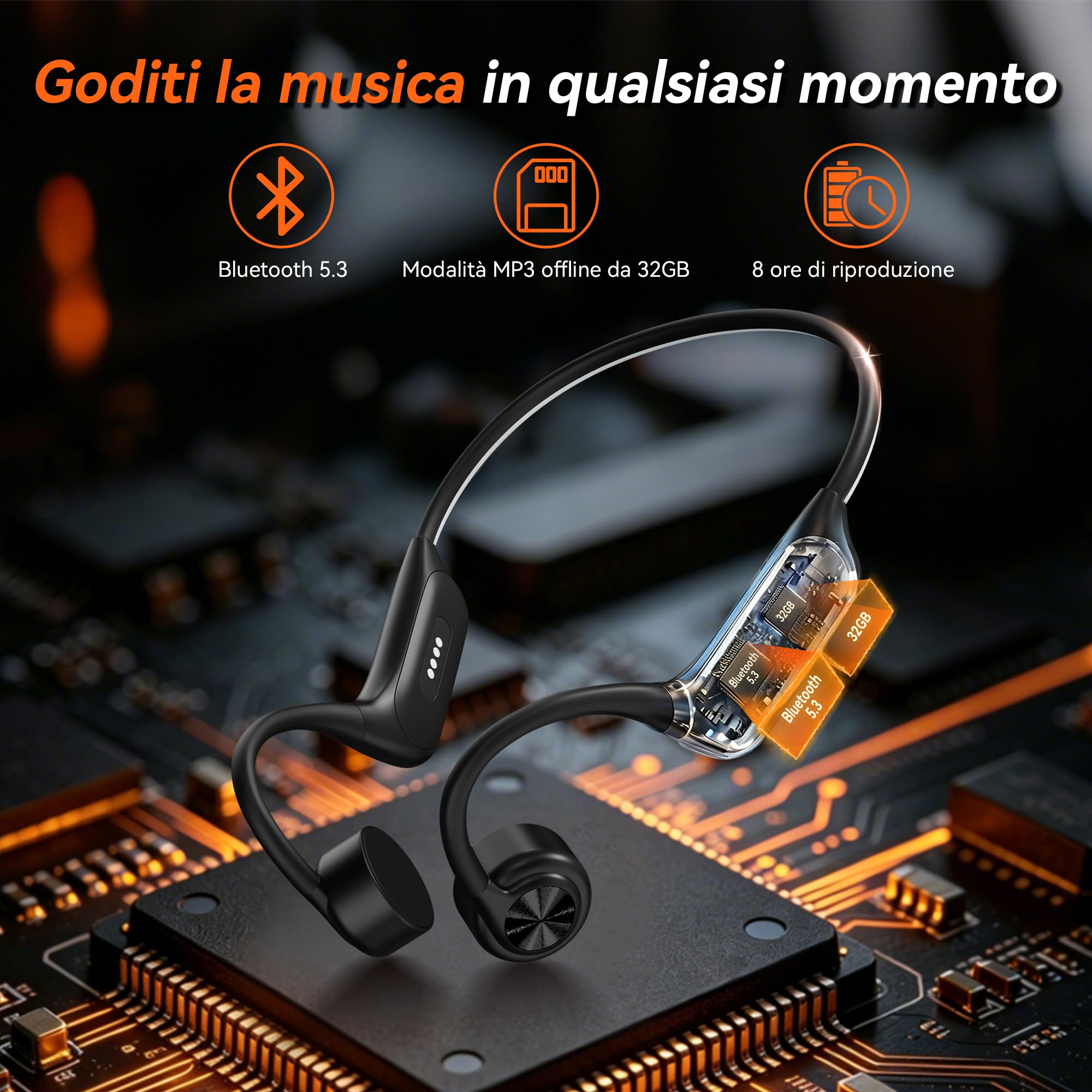 Wantek - Cuffie a conduzione ossea per nuoto IP68 impermeabili, Bluetooth 5.3 a orecchio aperto con lettore MP3 da 32GB, cuffie sportive senza fili per nuoto, corsa, ciclismo, 8 ore di batteria