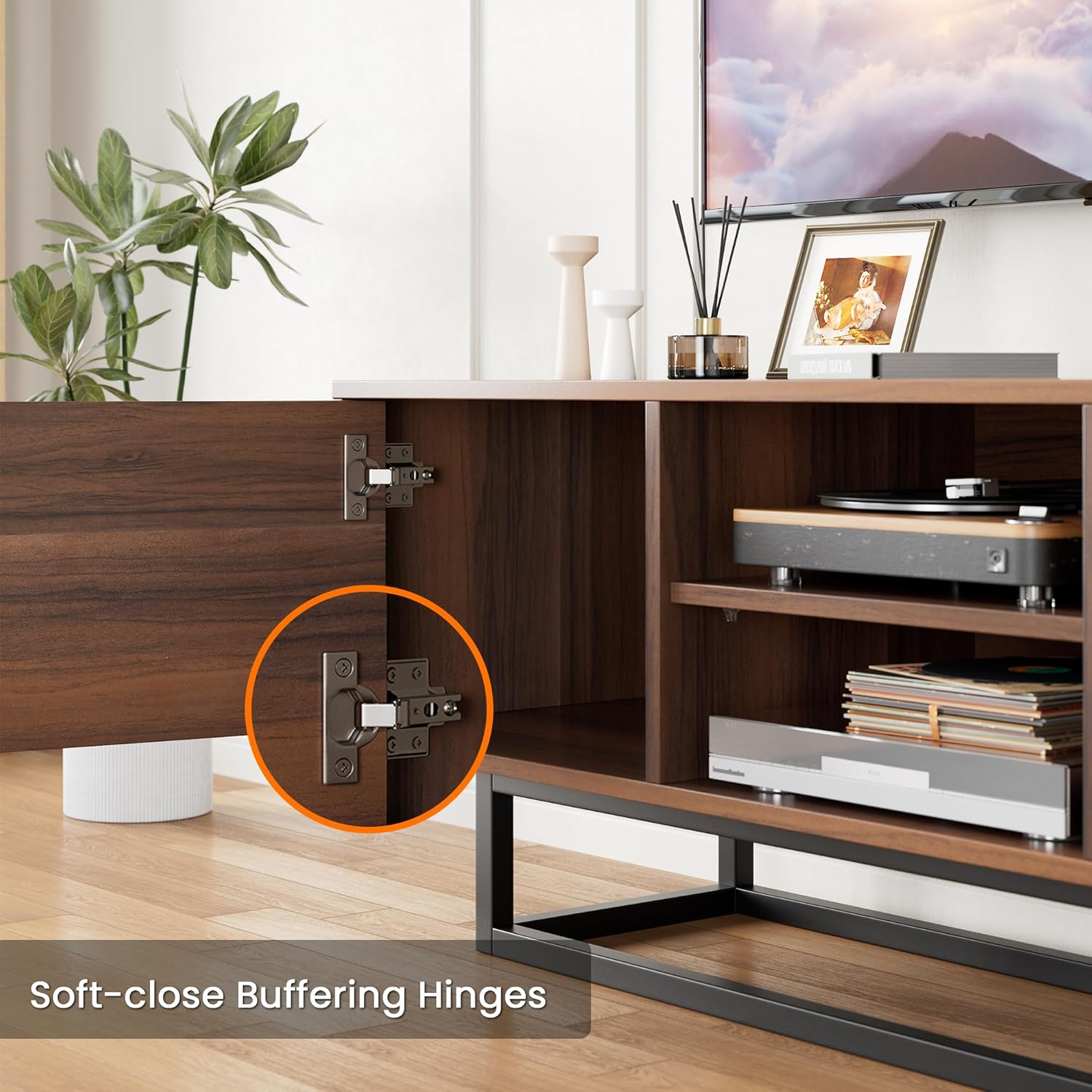 Close-up of the soft-close buffering hinges on the TV stand door
