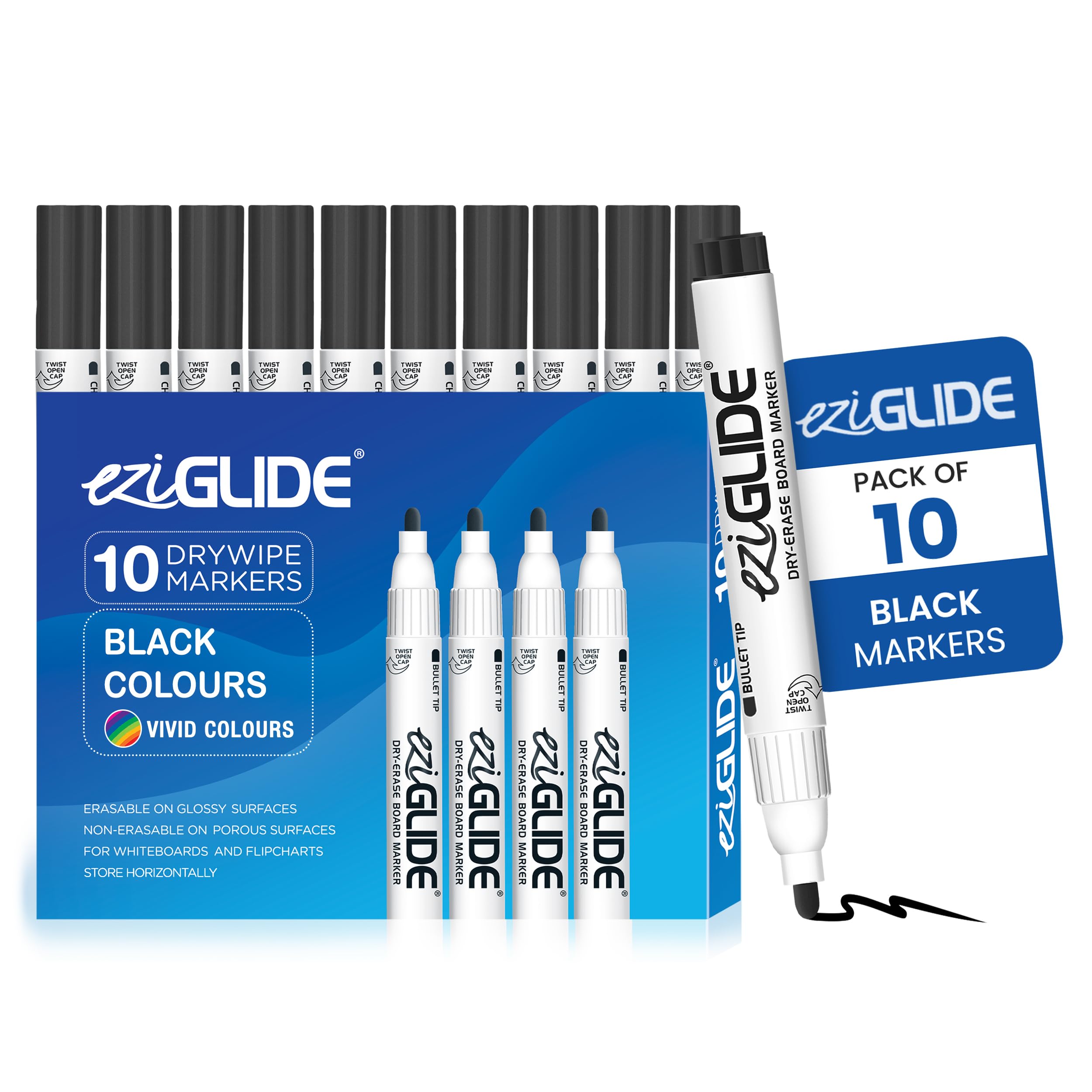 Eziglide Bolígrafos de pizarra blanca de color negro, paquete de 10 marcadores de pizarra blanca borrables, grandes bolígrafos de borrado en seco para bolígrafos de pizarra blanca que funcionan en