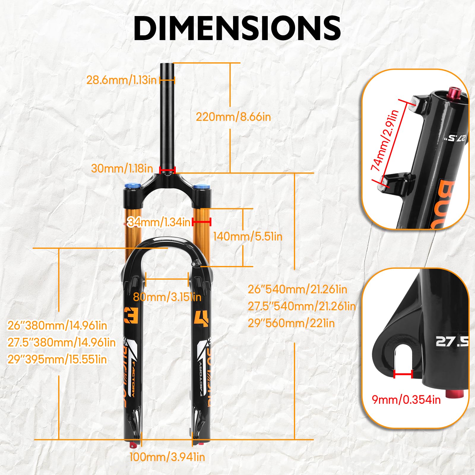 Fourche à suspension pneumatique pour VTT 26/27,5/29", 140 mm, réglage du rebond 34 mm, barres 1-1/8" sans filetage droites 9 x 100 mm QR verrouillage manuel XC AM fourche avant de vélo de