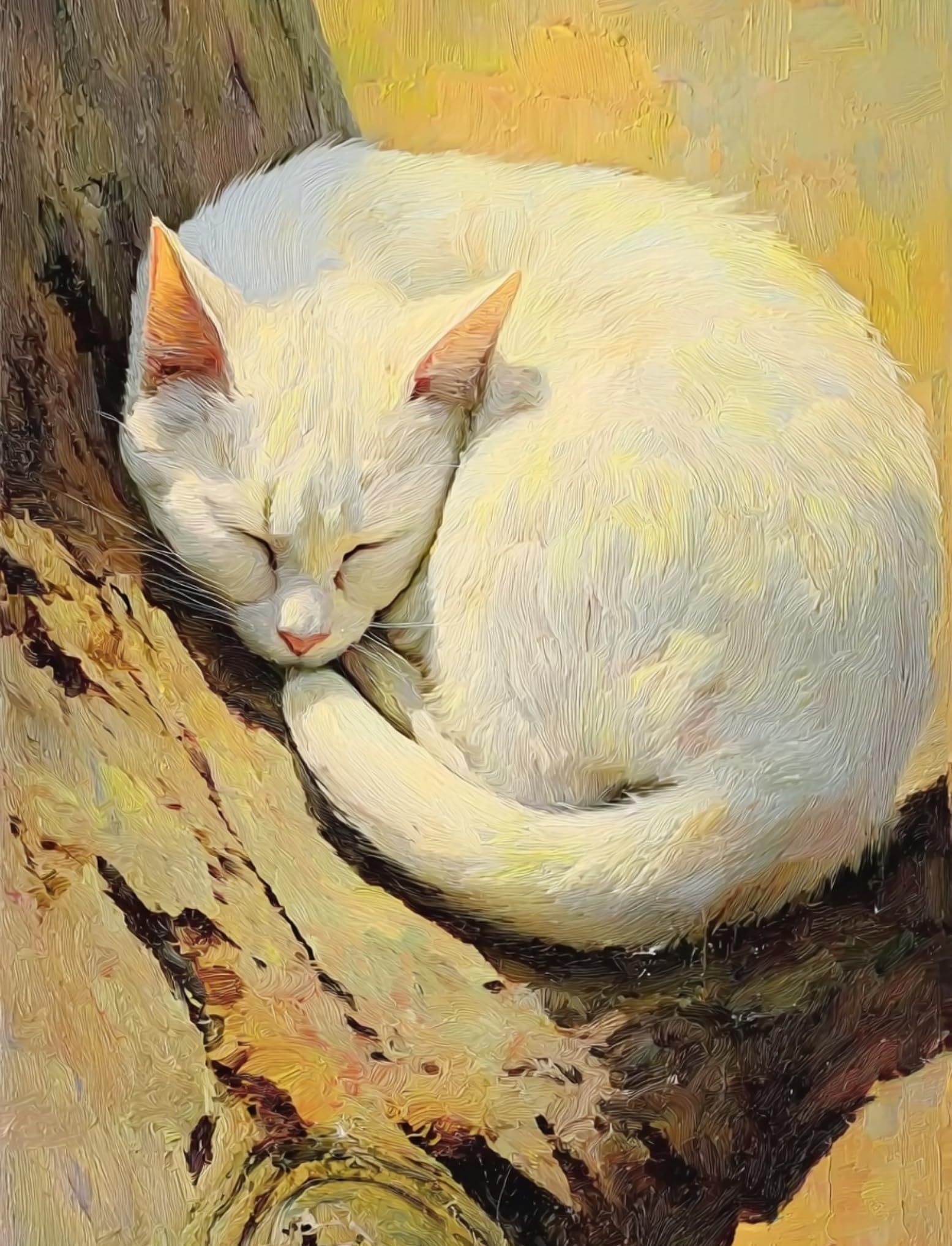 WANGWANGMIAO Paint by Numbers for Adults -White cat Slept Under Tree-Painting by Numbers for Kids,Oil Number Painting Kits for Home Wall Decor，20x16inch，with Frame