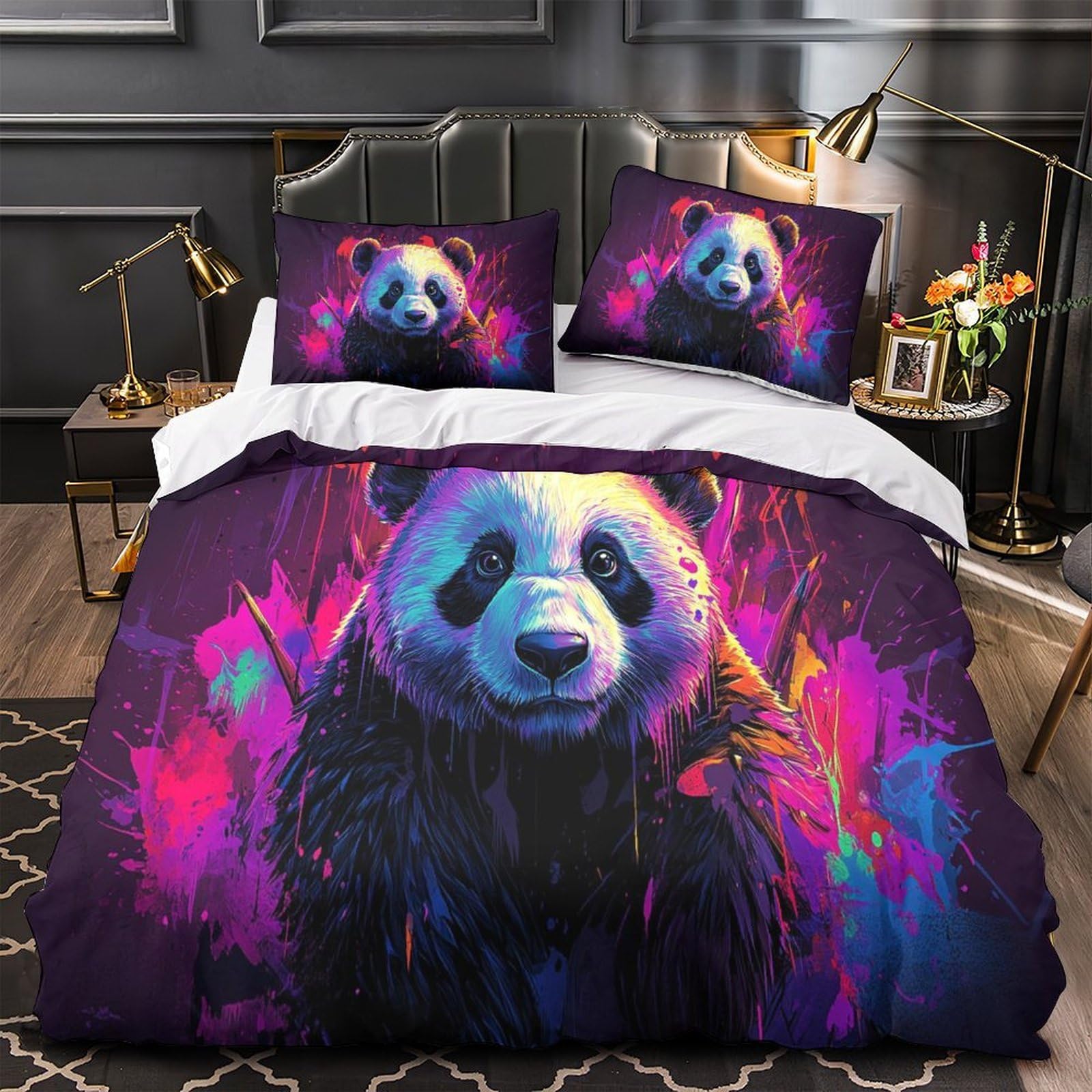 Housse de couette lit king size sans repassage anti-acarien motif panda 3D