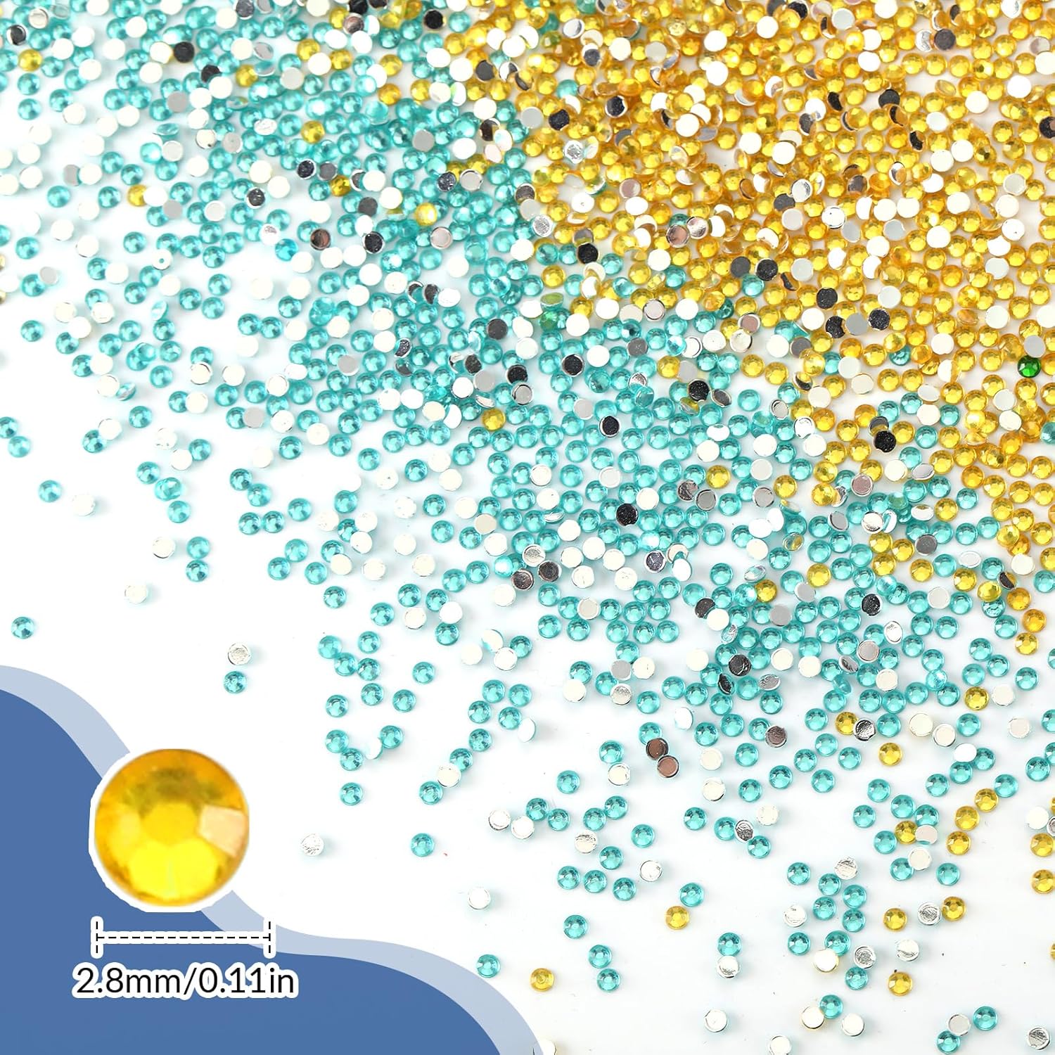 A close-up of scattered gold and teal diamond painting beads, with an inset showing a single gold bead and a measurement of 2.8mm, indicating the bead size.