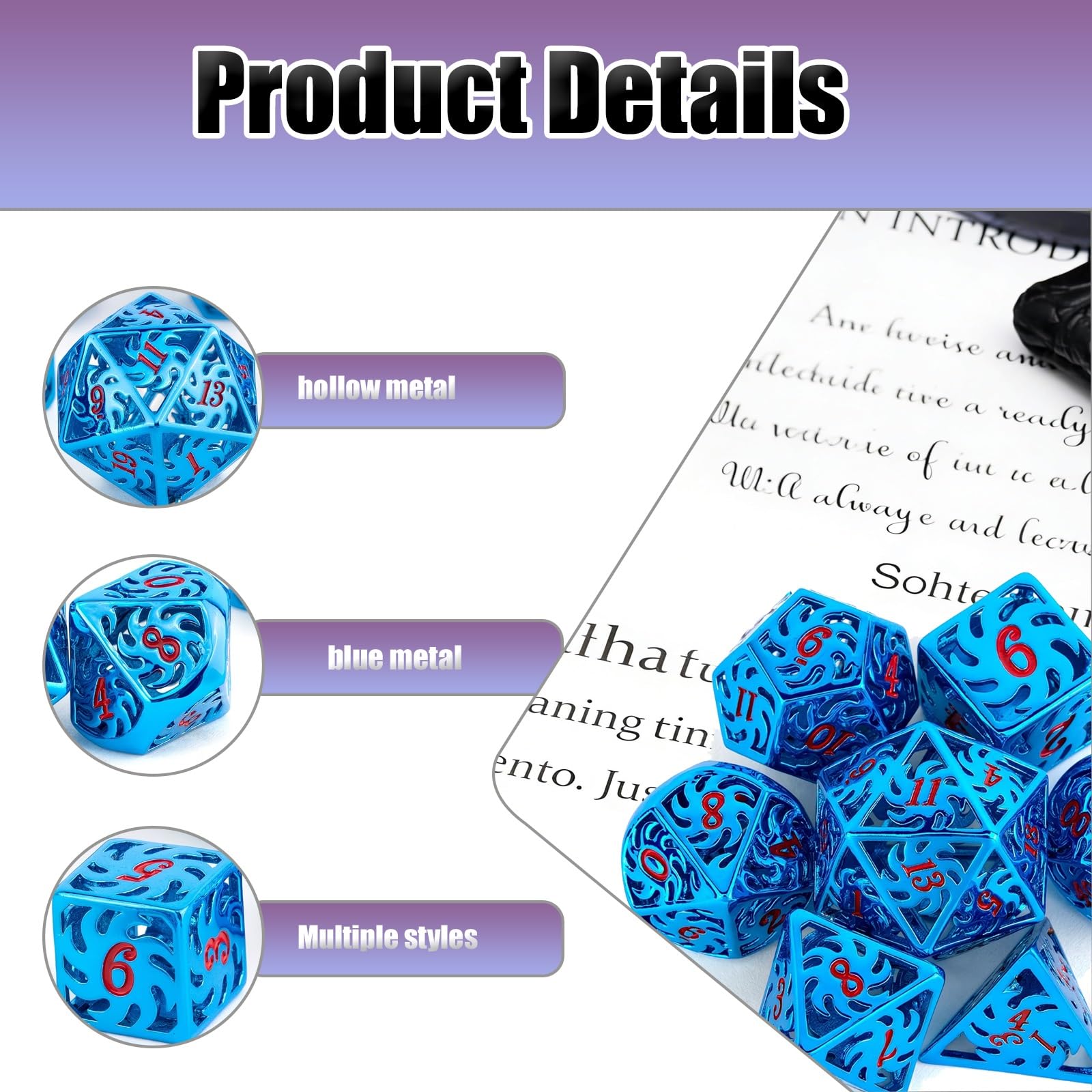 Ensemble de 7 Dés Polyédriques Creux en Métal Bleu, Compatibles avec Les Jeux de Rôle, Les Jeux de Société et Les Jeux de Cartes