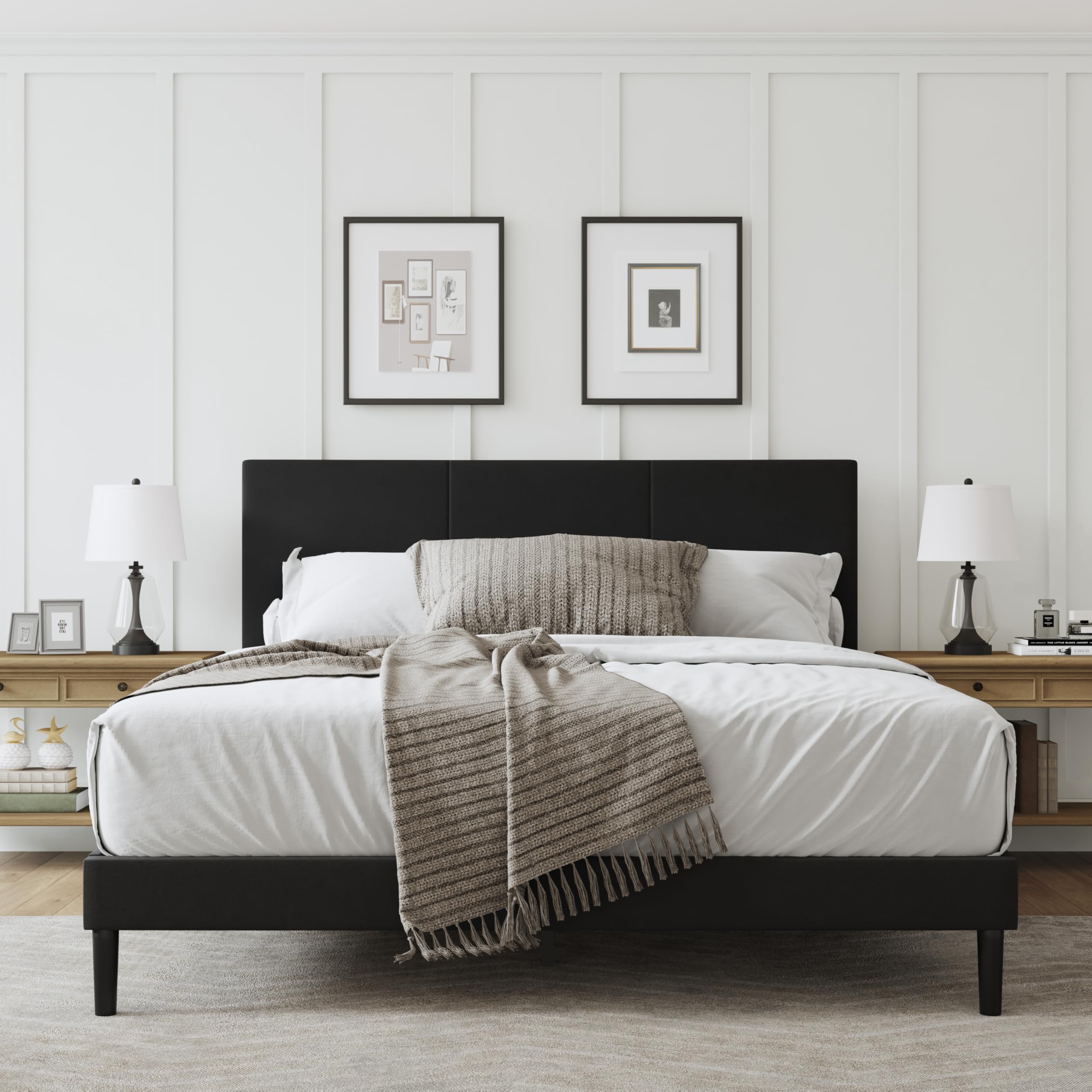 King Size Bed Frame with Headboard - Elegant Upholstered Vertical Channel Tufted Heavy Duty Platform Bed Frame with Slats, No Box Spring Needed, Easy Assembly, Modern Bedroom Furniture (Black, Queen)