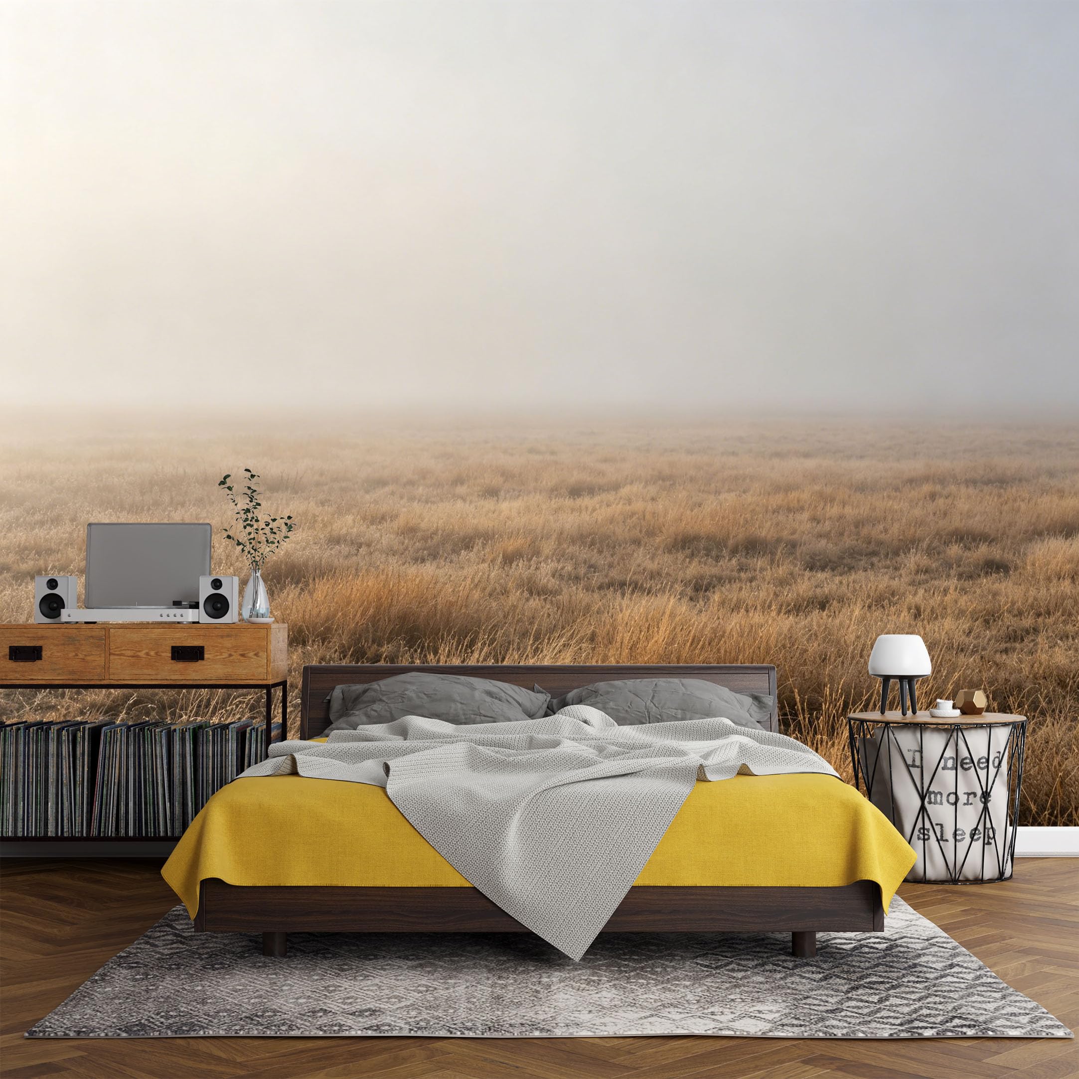 Custom Size Wall Mural， Minimalist Foggy Meadow Golden Grasses Landscape，SelfAdhesive Art Prints wall Fabric (No PVC) Removable Wallpaper Living Room Decor