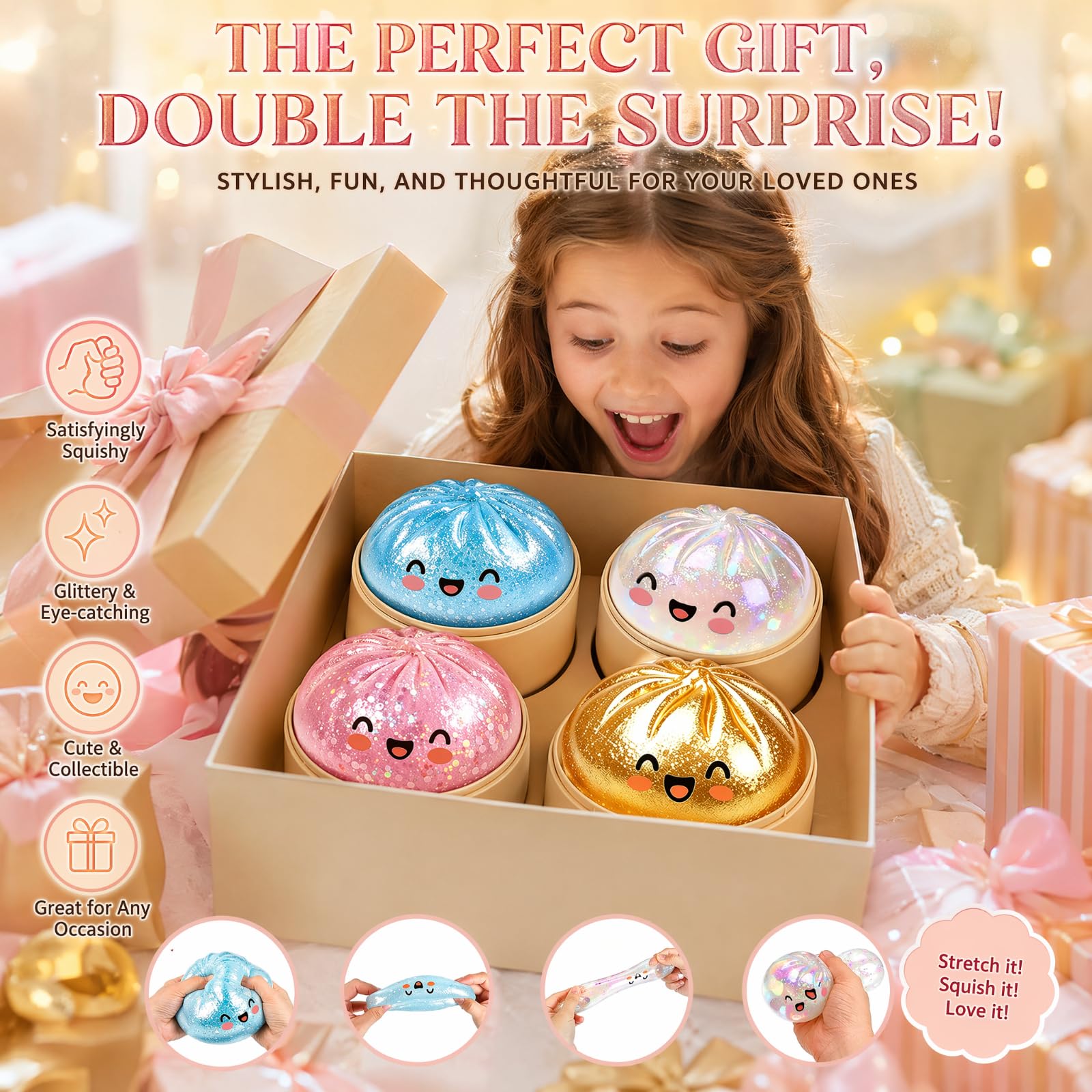 Glitter Squishy Bao Dumpling, 4Pcs Mystery Dumplings Squishies Fidget Toys - Image 7