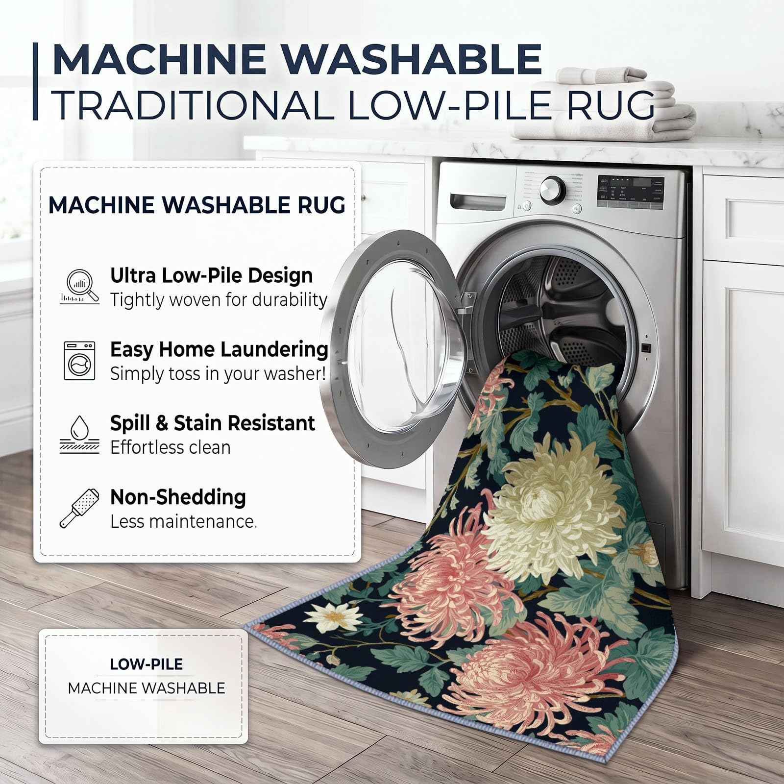 Generisch Chrysantheme Dahlie Kurzflor Teppich 240 x 300 cmweich pflegeleicht, Klassisch Handwerk Pflanze Waschbarer Teppich rutschfest Kurzflorig Weich für Wohnzimmer Schlafzimmer Esszimmer