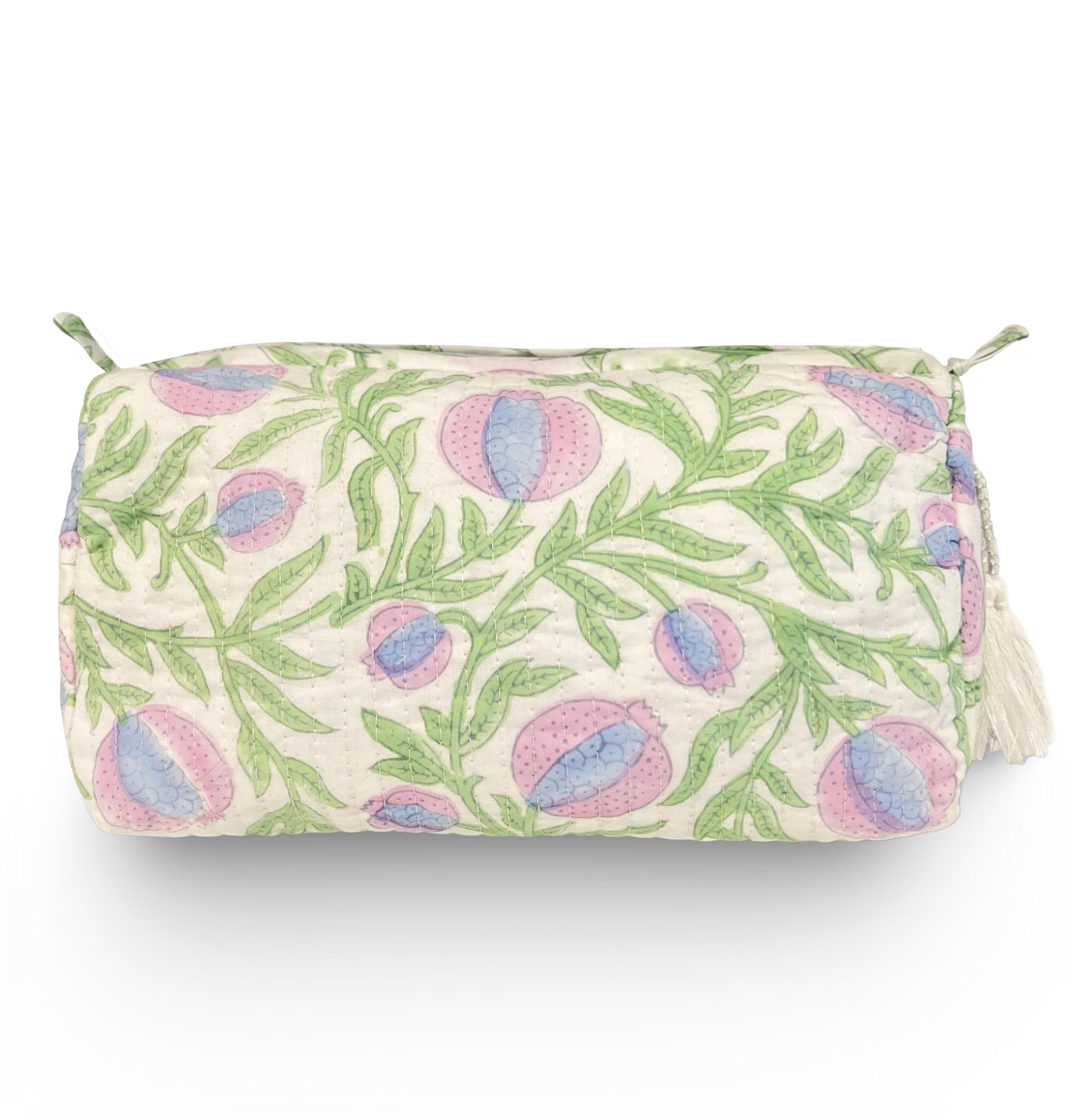 Palmetto Home Block Print Designer Toiletry Bag & Makeup Case - Boho Floral Quilted Pouch for Cosmetics