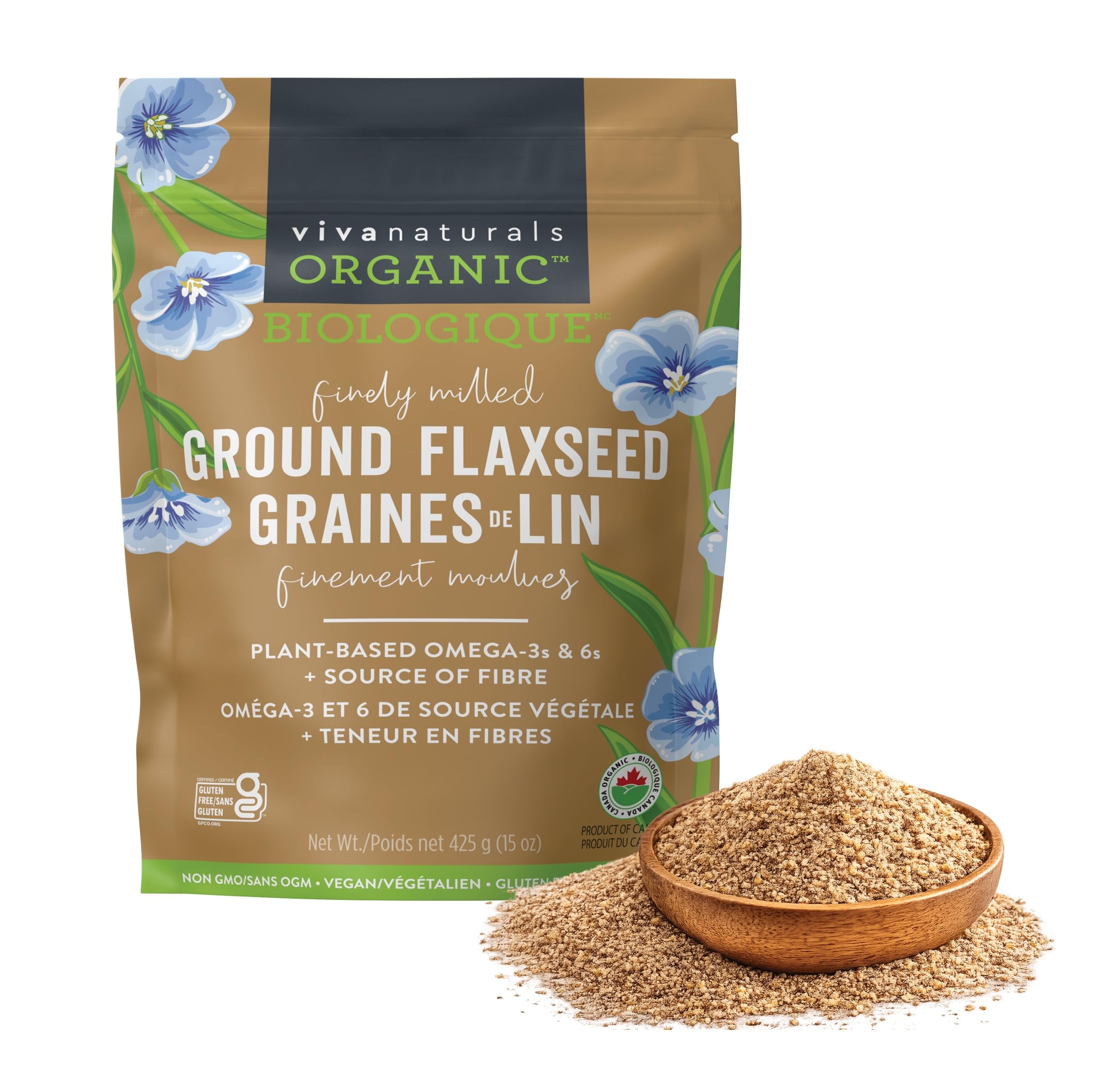 Viva Naturals Organic Ground Flaxseed, 15 oz (425 g) – Plant-Based Protein, Vegan Omega-3 & Fiber, Finely Milled Flax Seeds, Perfect for Smoothies & Baking