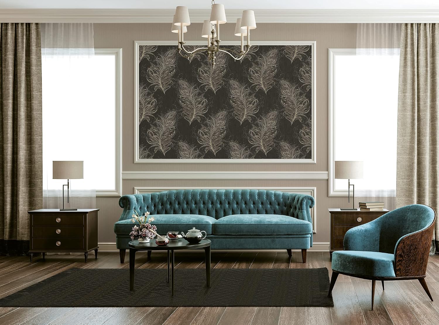 Livingwalls Wallpaper Feather Design - Black, Gold - Mural Wallpaper 395.99in x 20.87in Made in Germany - 380094