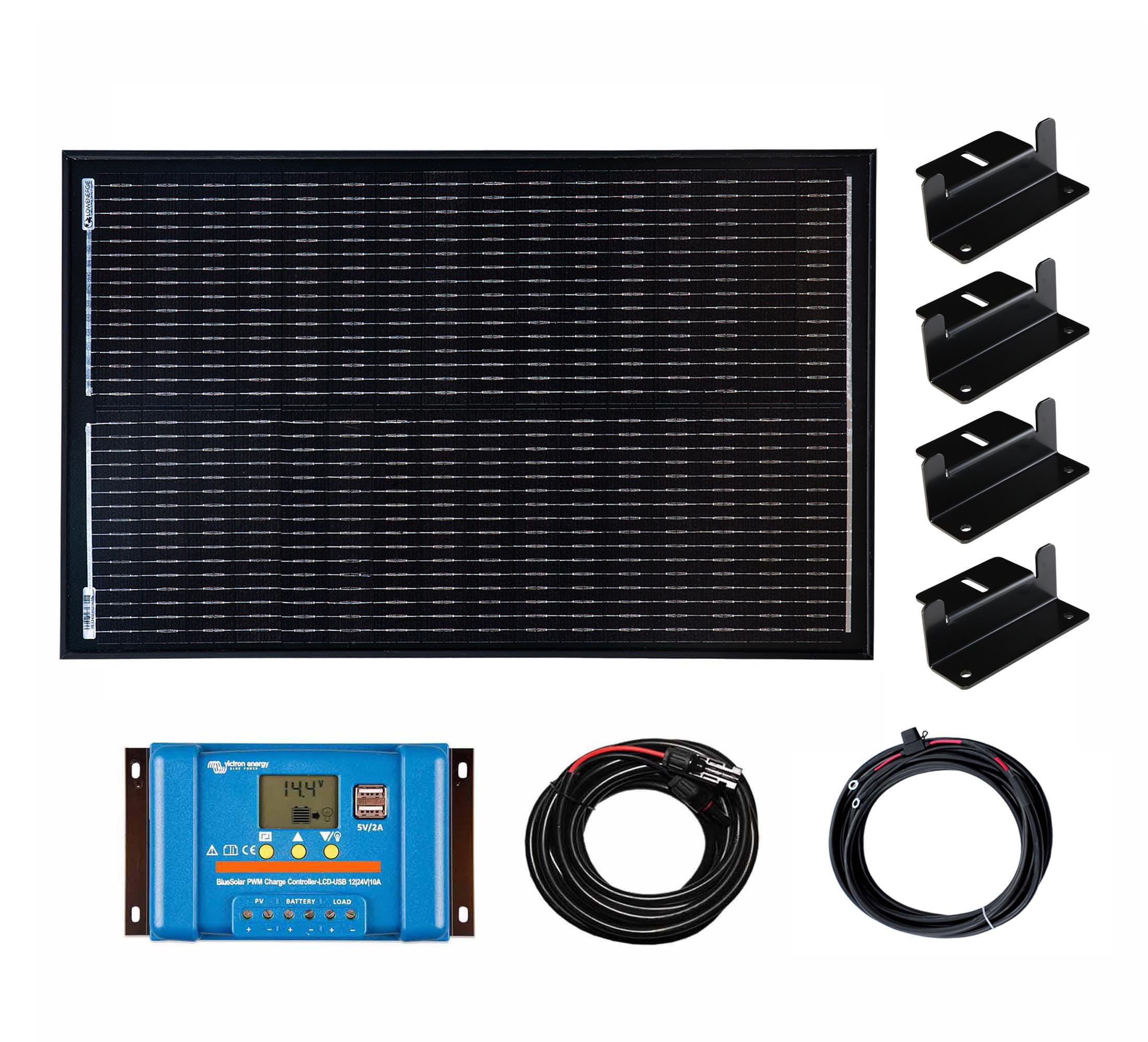 Lowenergie Black 50w Solar Panel Kit Battery with Victron PWM Controller Cables & Lowenergie Brackets
