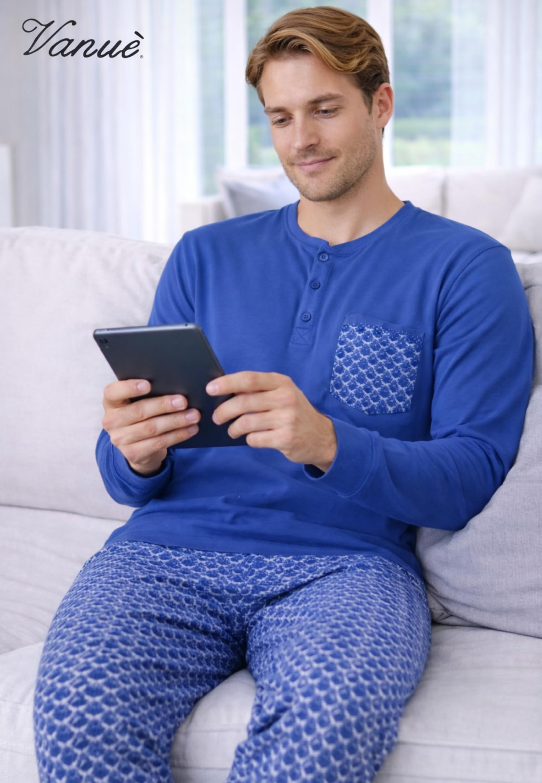 Intimitaly Vanuè - Pigiama Uomo Cotone Lungo 100%, Maglia Maniche Lunghe e Pantalone, Leggero e Traspirante, Primavera Estate