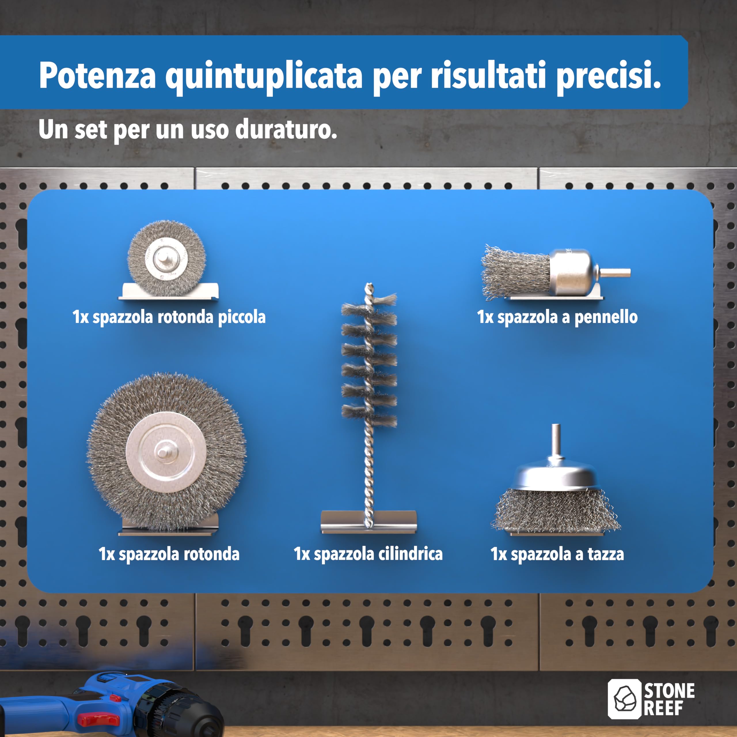 STONE REEF Set di 5 spazzole metalliche, fusto rotondo da 6 mm, trapani, avvitatore a batteria, accessori universali per la lavorazione della superficie, ideale per rimuovere la ruggine e rimuovere