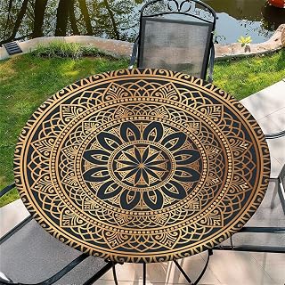Round Fitted Tablecloth with Elastic Edge, 36"-60" Waterproof Stain Resistant Table Cover for Indoor, Outdoor, Picnic, Dining, Camping, Party, Holiday, 36inch, Golden Mandala