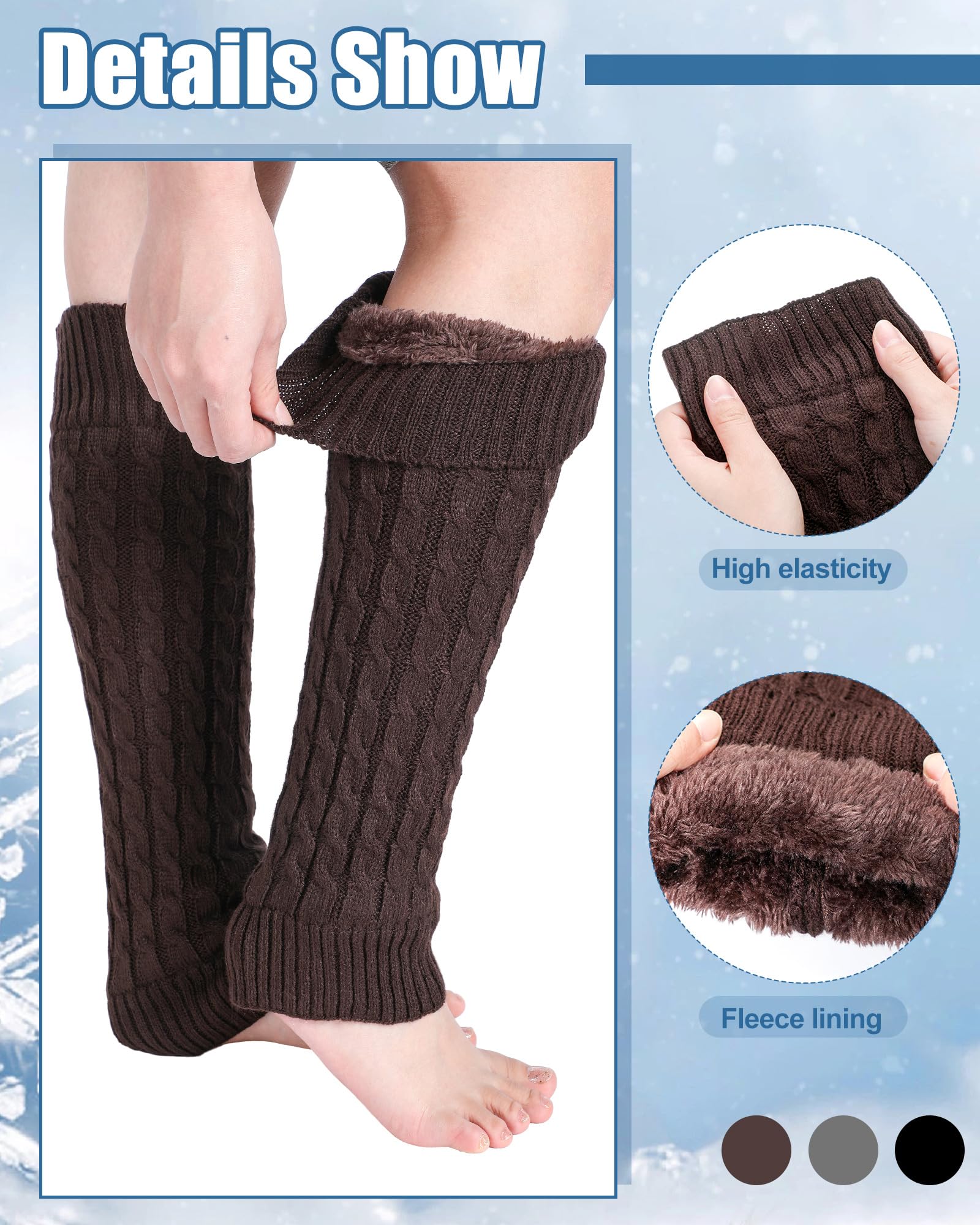 Chuarry 3 Pairs Winter Fleece Lined Leg Warmer for Women Skating Leg Warmer Long Boot Socks for Women Skating Every Day Wear: Brown, Black, Dark Gray 8 Figure Knit Pattern