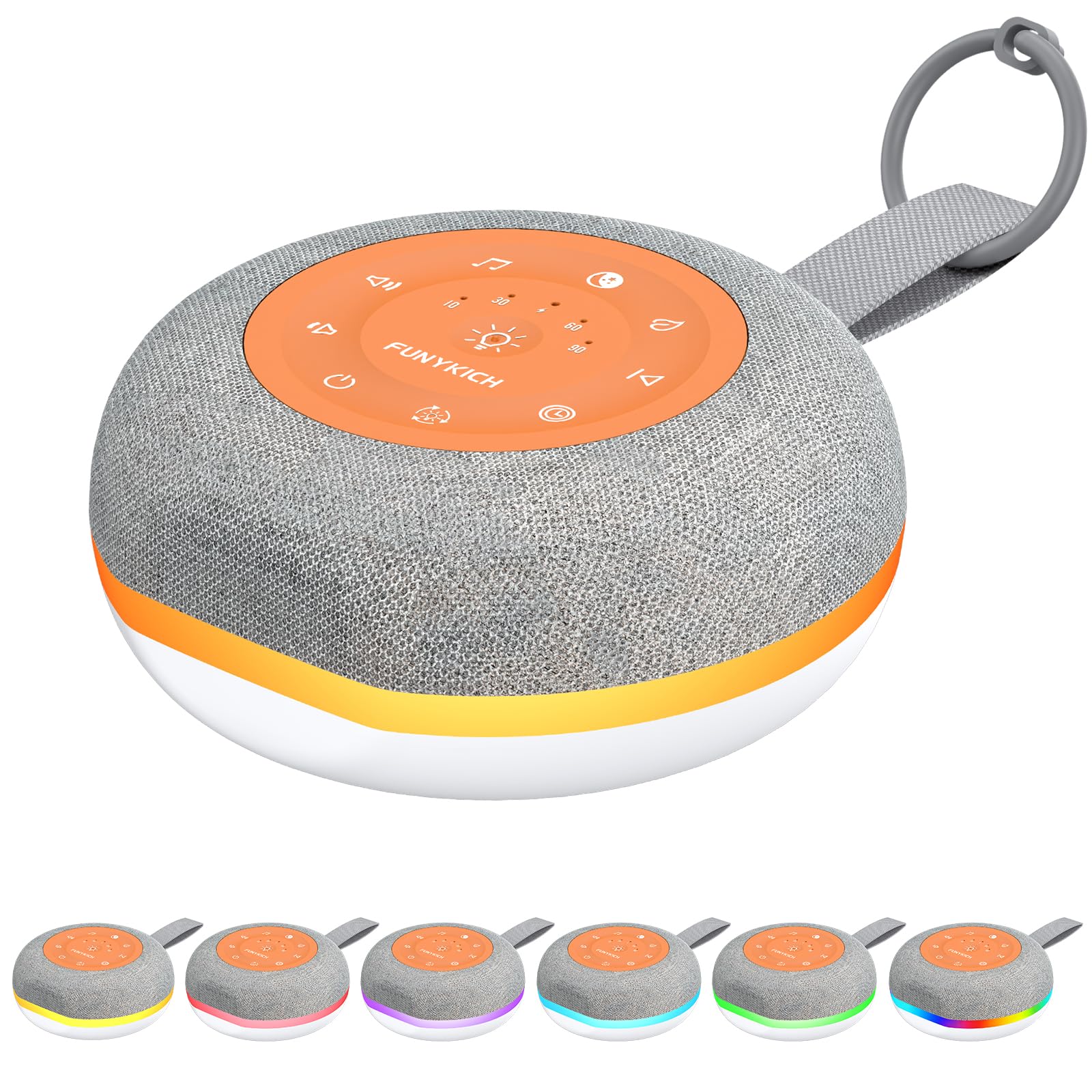 FUNYKICH Macchina Rumore Bianco Neonato, 30 Suoni Rilassanti, Altoparlante Portatile con Anello da Appendere, Rumore Bianco per Dormire, con Timer, Luce Notturna a 7 Colori Regolabile,Arancione