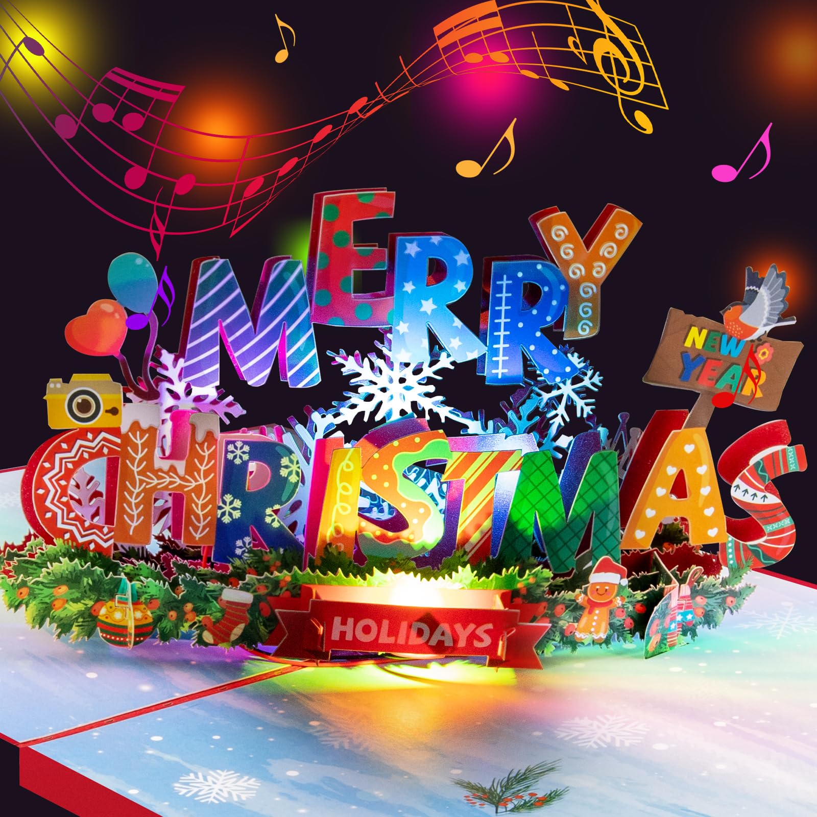 Magic Ants 3D Pop Up Christmas Card with Lights and Music, Festive Merry Christmas & Happy New Year Greeting Card