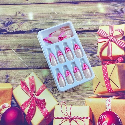 Miniatura 2 de Uñas postizas a presión con punta francesa, uñas postizas medianas de almendra con diseños del día de San Valentín, corazón rosa y rojo, cobertura