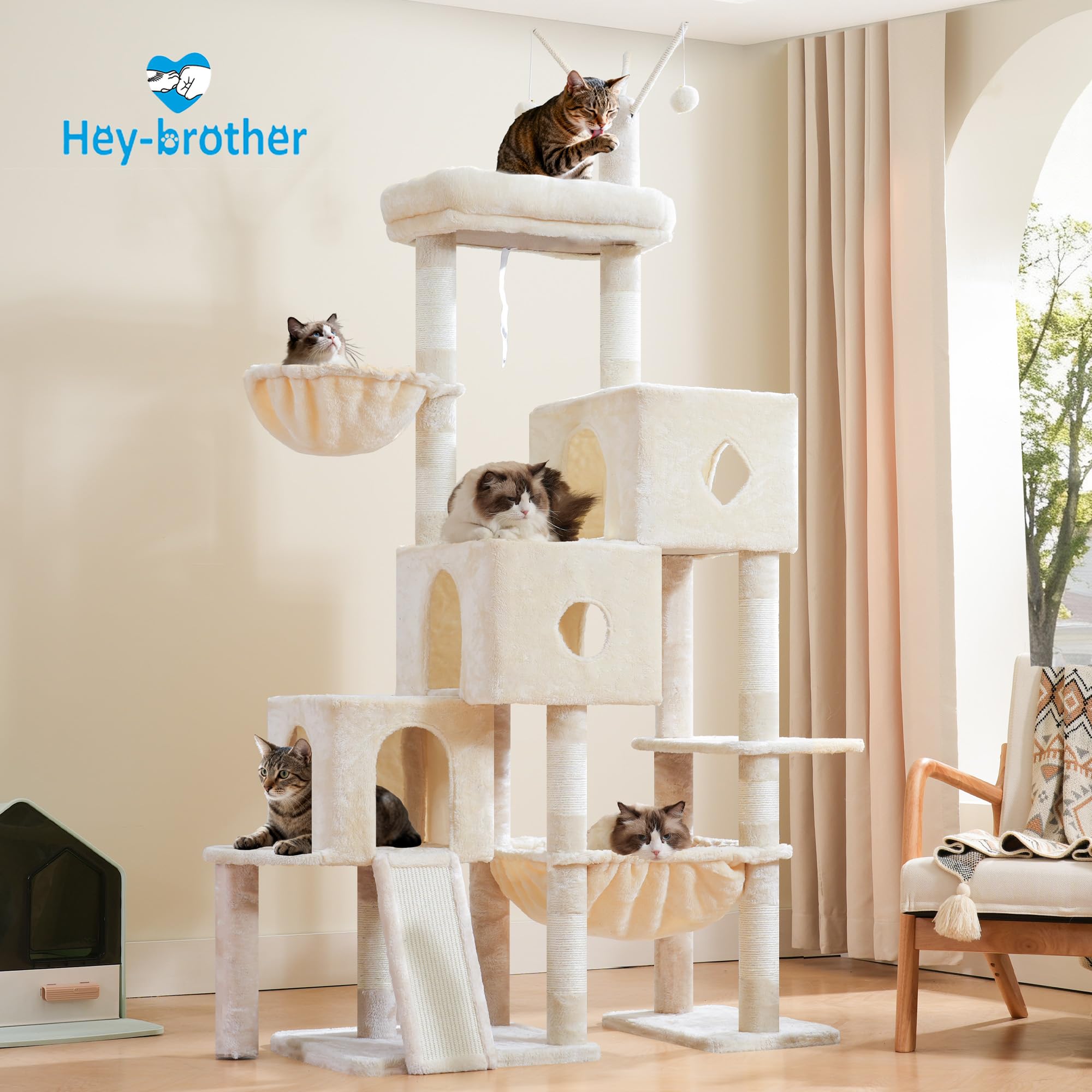 Hey-brother Kratzbaum, Stufiger Katzenbaum für Großkatze, mit 3 Katzenbetten, großer Hängematte, liegefläche und Sisalkratzbrett – großes internes Katzenmöbel, 160 cm hoch, Beige EMPJ081M