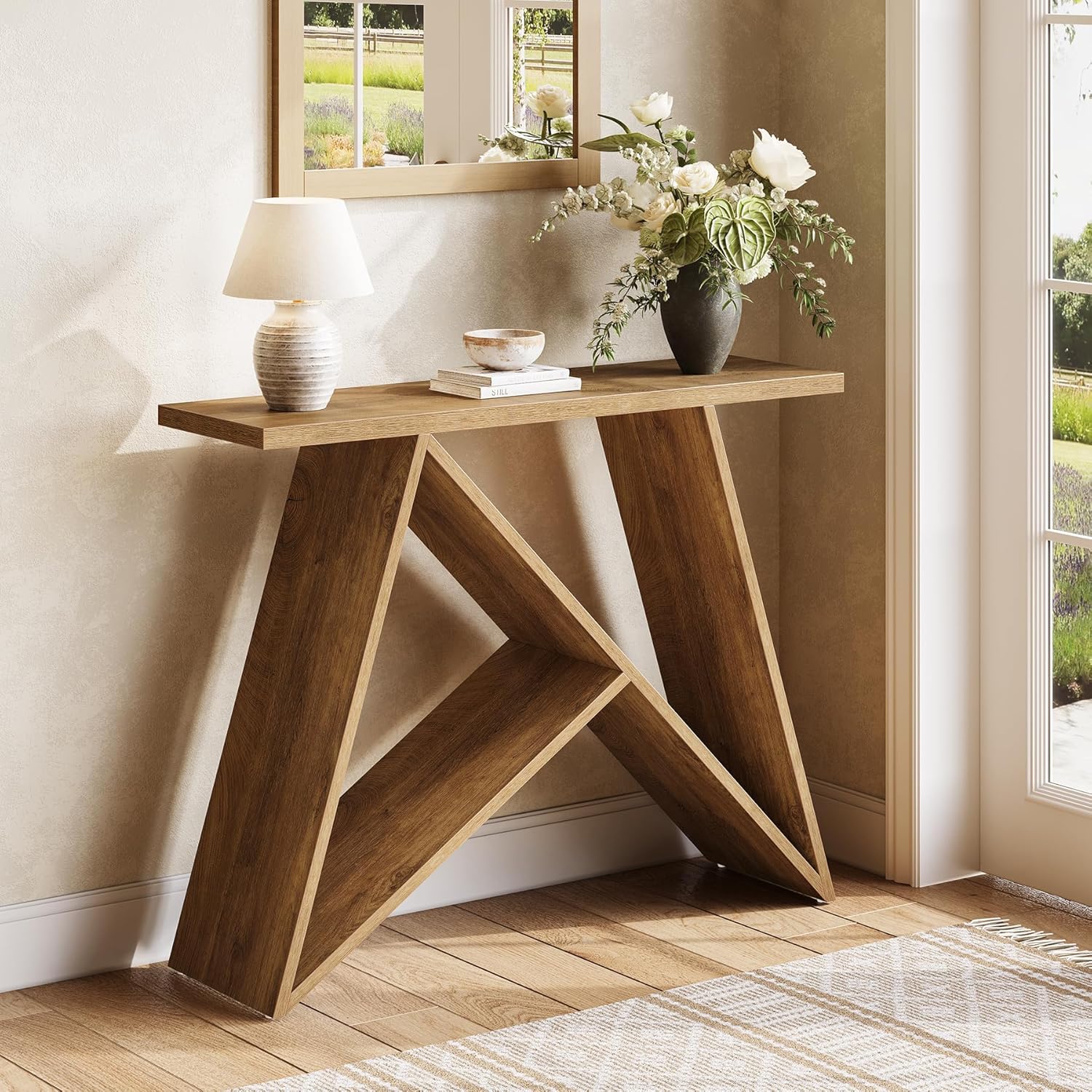 LITTLE TREE 41.3-Inch Small Entryway Table, Narrow Farmhouse Console Sofa Table for Living Room, Entry, Behind Couch, Hallway, Entry Way, Entrance, Foyer with Rustic Wooden Legs, Brown