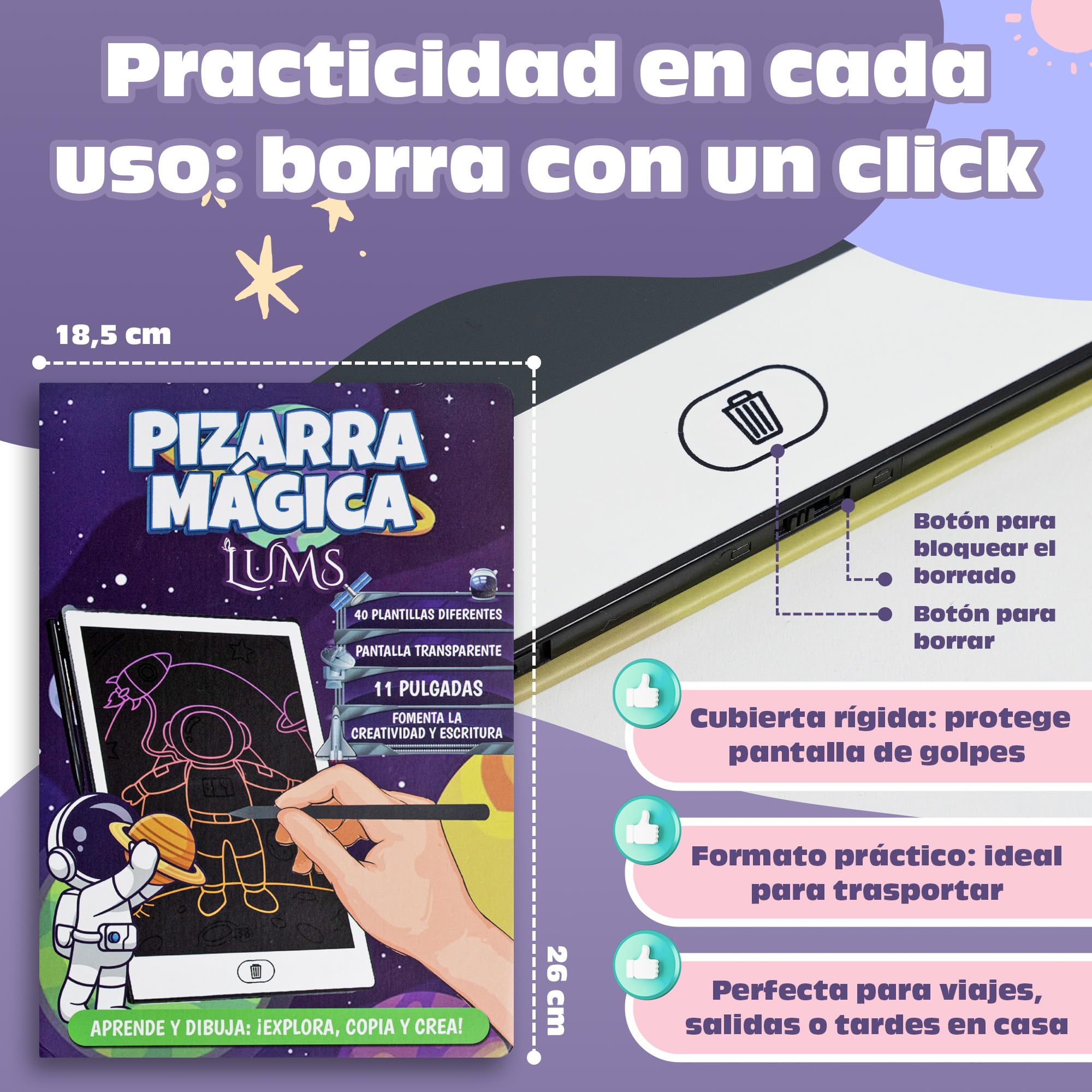 LUMS Pizarra Mágica infantil 11 Pulgadas - 40 Tarjetas con Números, Letras, Figuras y Dibujos - Plantillas Gratis Descargables - Regalo Educativo y Creativo para Niños 3-6 Años - Juguete Montessori