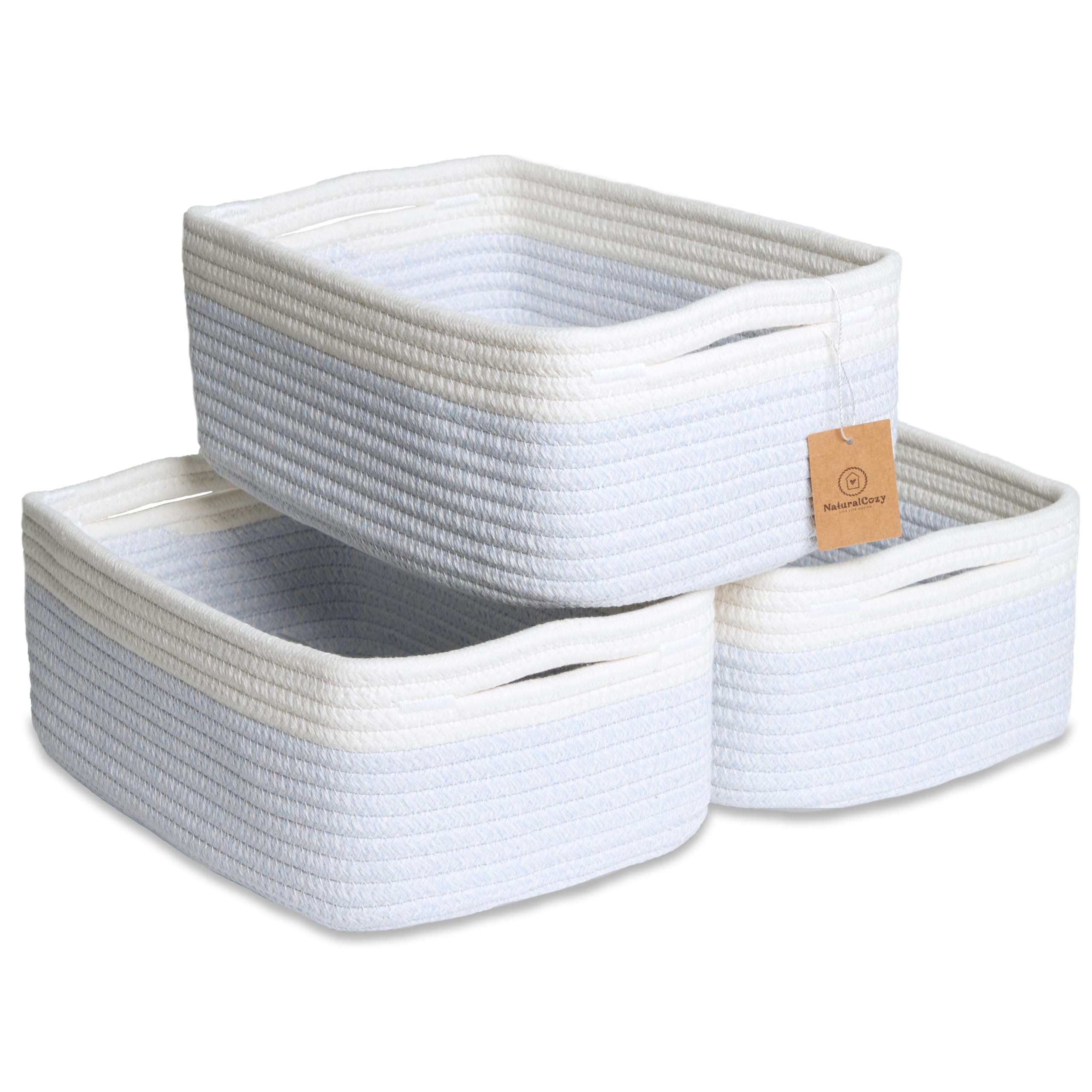 NaturalCozy 11.8"x8"x4.5” Rectangle Storage Baskets for Shelves 3 Pack | Cotton Rope Woven Small Baskets for Organizing | Small Storage Bins for