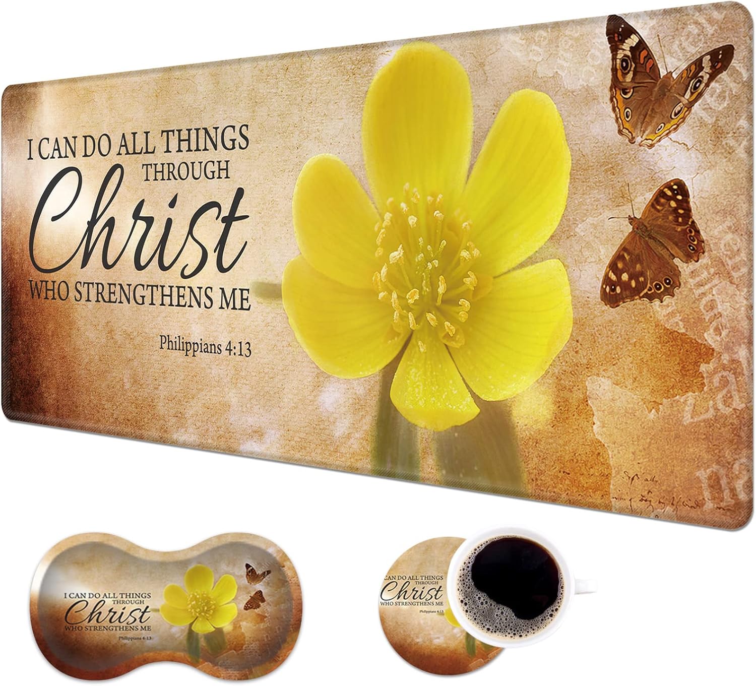 Desk Pad Mat + Wrist Rest Pad + Coasters Set, Durable Office Desk Mat 31.5"x 11.8", Large Gaming Mouse Pad Extended Non-Slip Rubber Base Keyboard Pad for Laptop & Home, Bible Verse Philippians 4:13