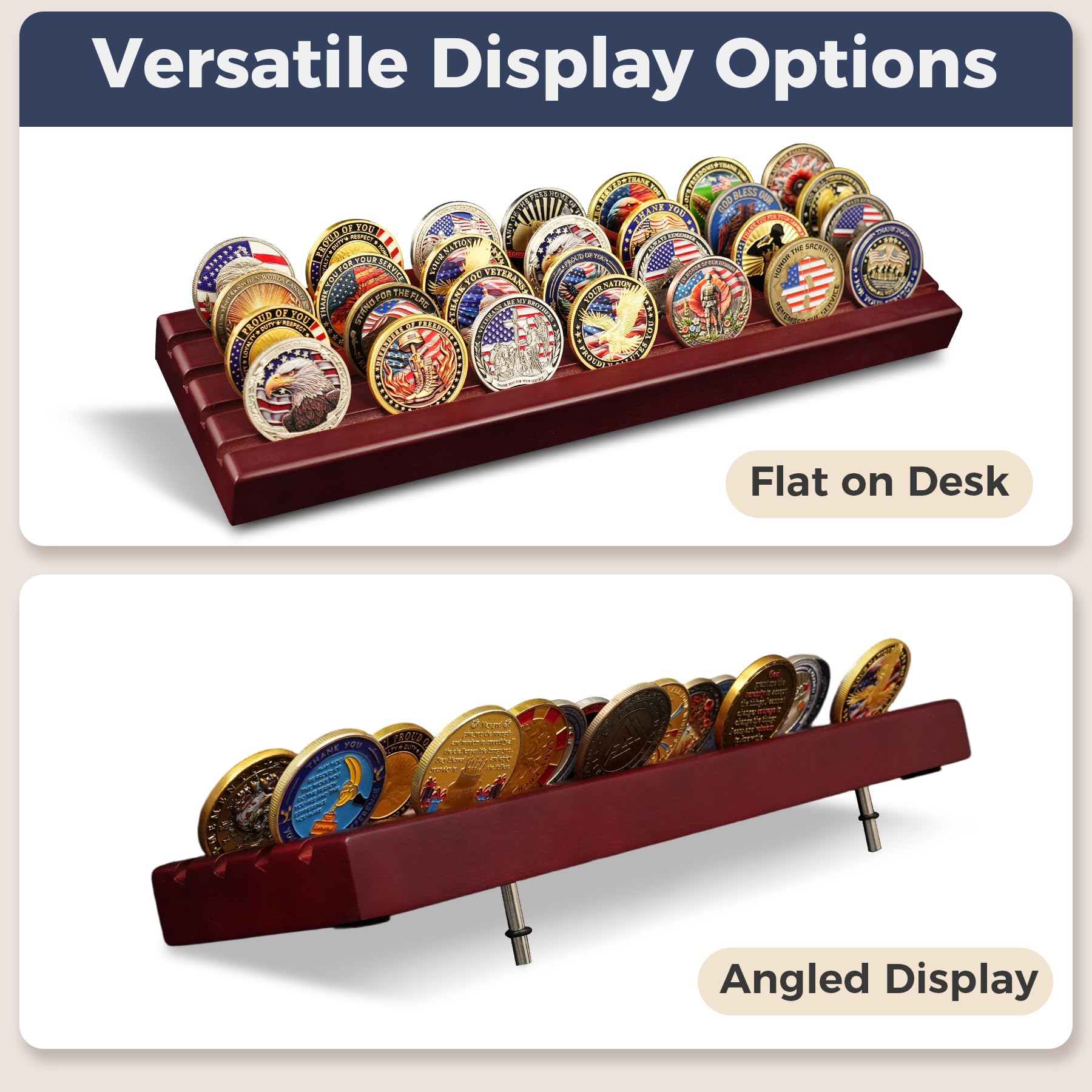 ASmileIndeep - Soporte para Monedas de Desafío - Exhibidor de Monedas de Madera de 4 Niveles con Ángulos de Visión Ajustables