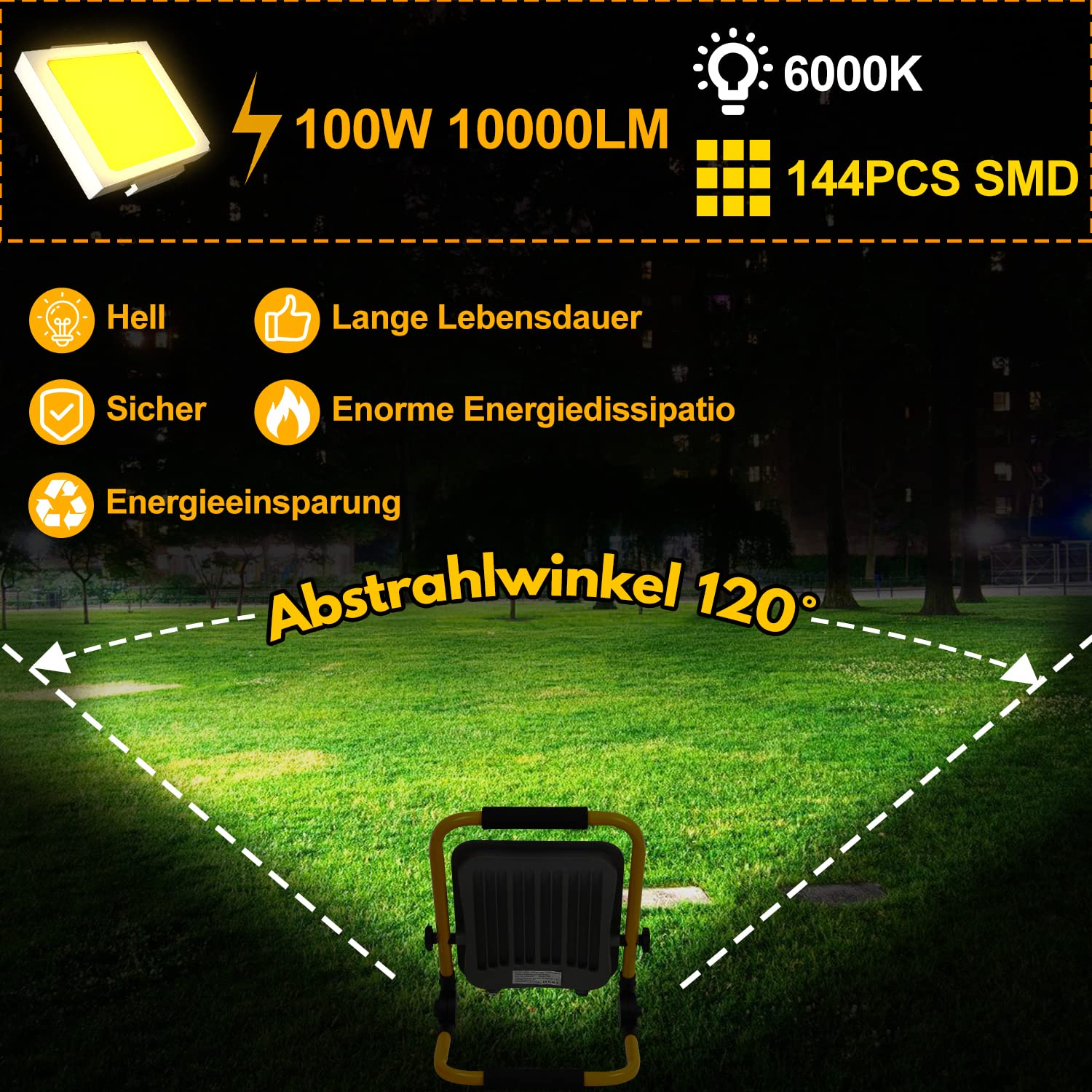 Faretto da costruzione 100W 10000LM, Proiettori per Esterni LED Batteria 6000K Luce diurna bianca, Lampada da cantiere a LED con spina, con cavo 3M e impermeabile IP66