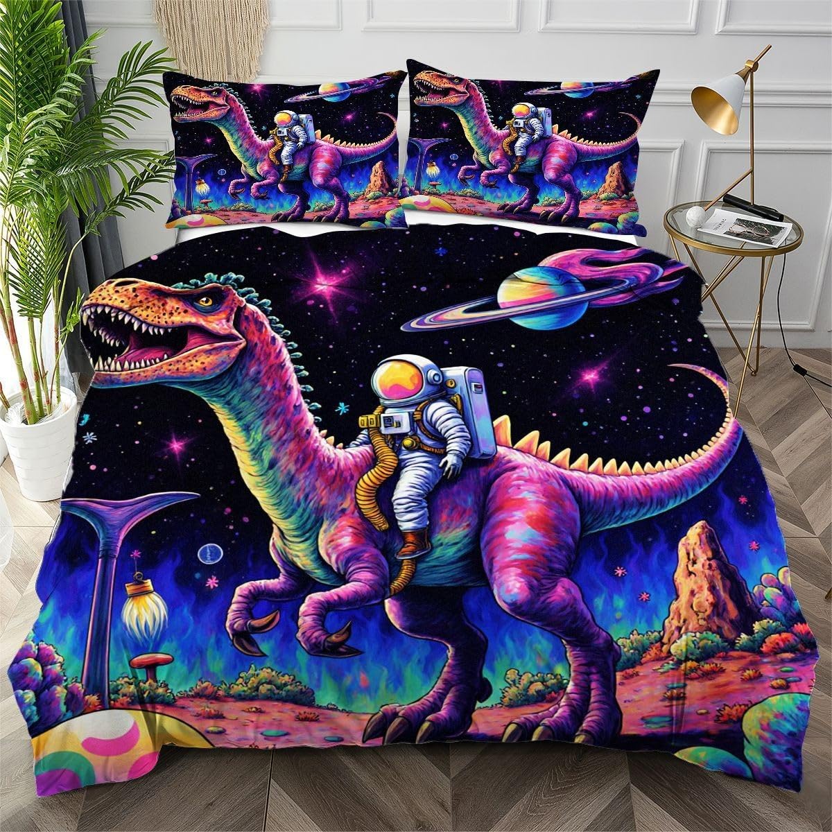 Parure housse de couette 220x240 dinosaure violet en tissu microfibre doux