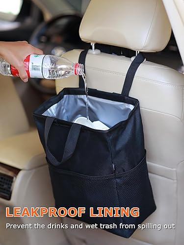 Miniatura 5 de Ginsco Bolsa de basura de viaje a prueba de fugas, 3.5 galones, gran capacidad, para colgar en el automóvil, con tapa de gancho y bucle, y asa,