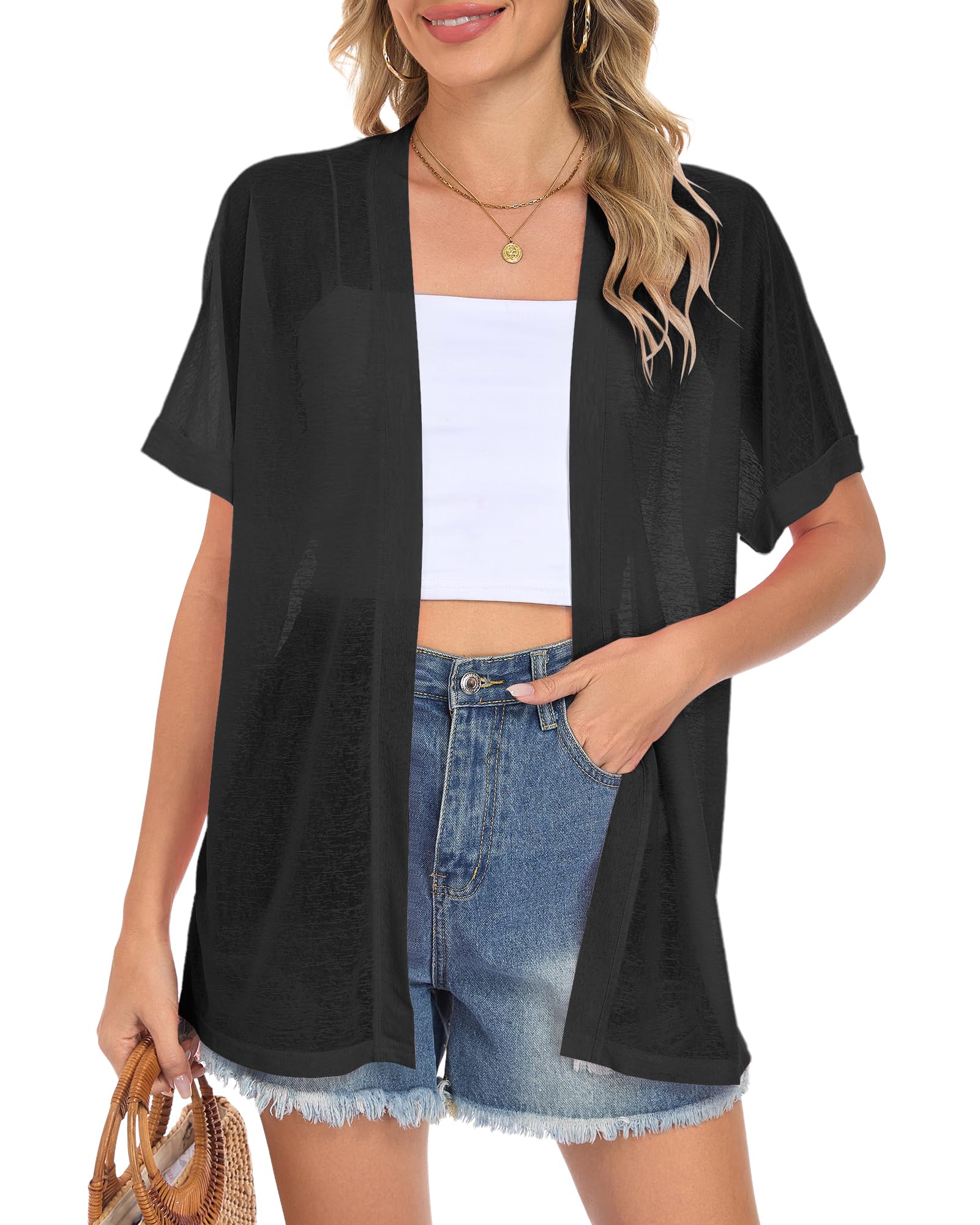 AUSELILY Damen Sommercardigan Strickjacken Strand Kurzarm Leicht Atmungsaktiv Überwurf Weich Offene Front Cardigans