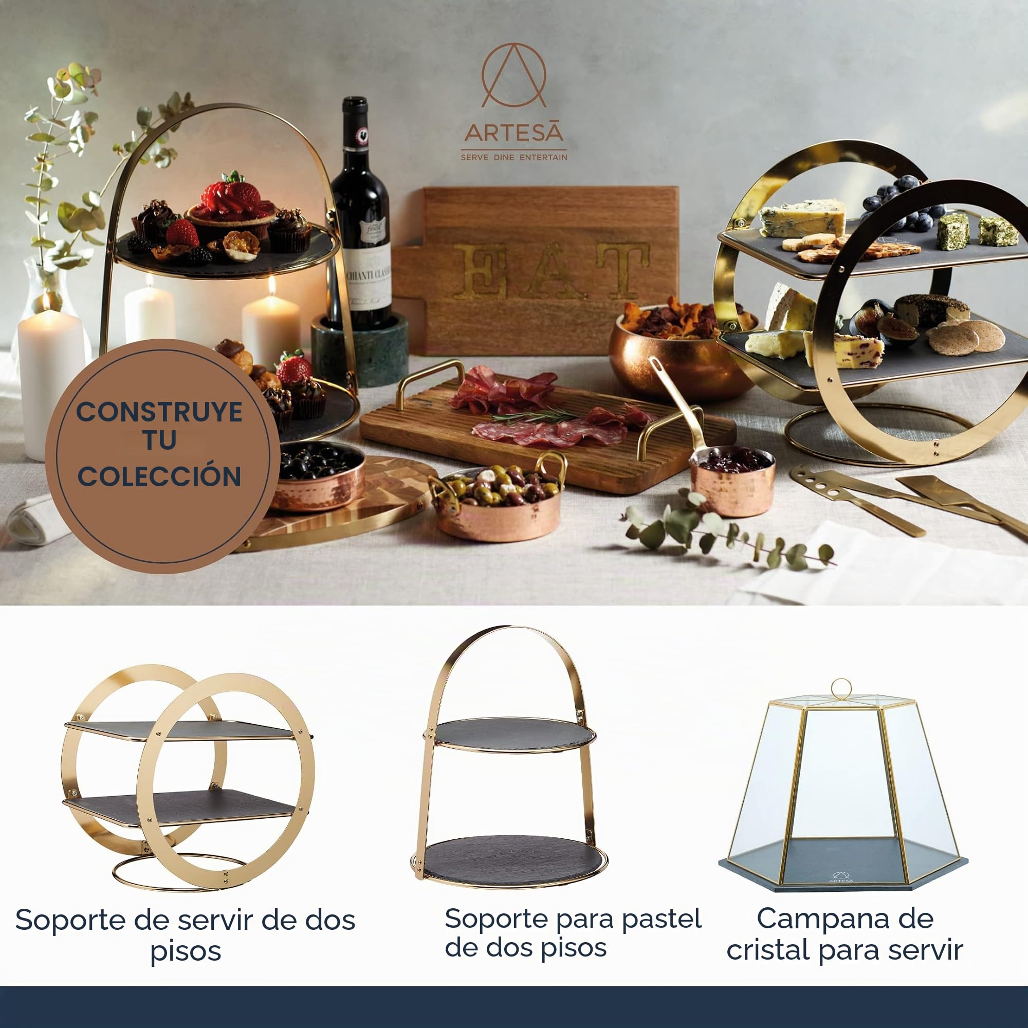 Artesa Cúpula Geométrica de Cristal para Pasteles y Quesos con Bandeja de Pizarra, 31 x 27.5 x 25 cm, 12 x 11 x 10 pulgadas, Acabado en Latón