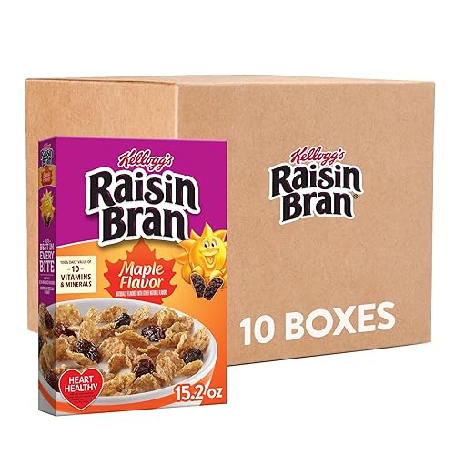 Kellogg's Raisin Bran Cereal para desayuno frío, cereal alto en fibra, saludable para el corazón, sabor a arce (10 cajas)