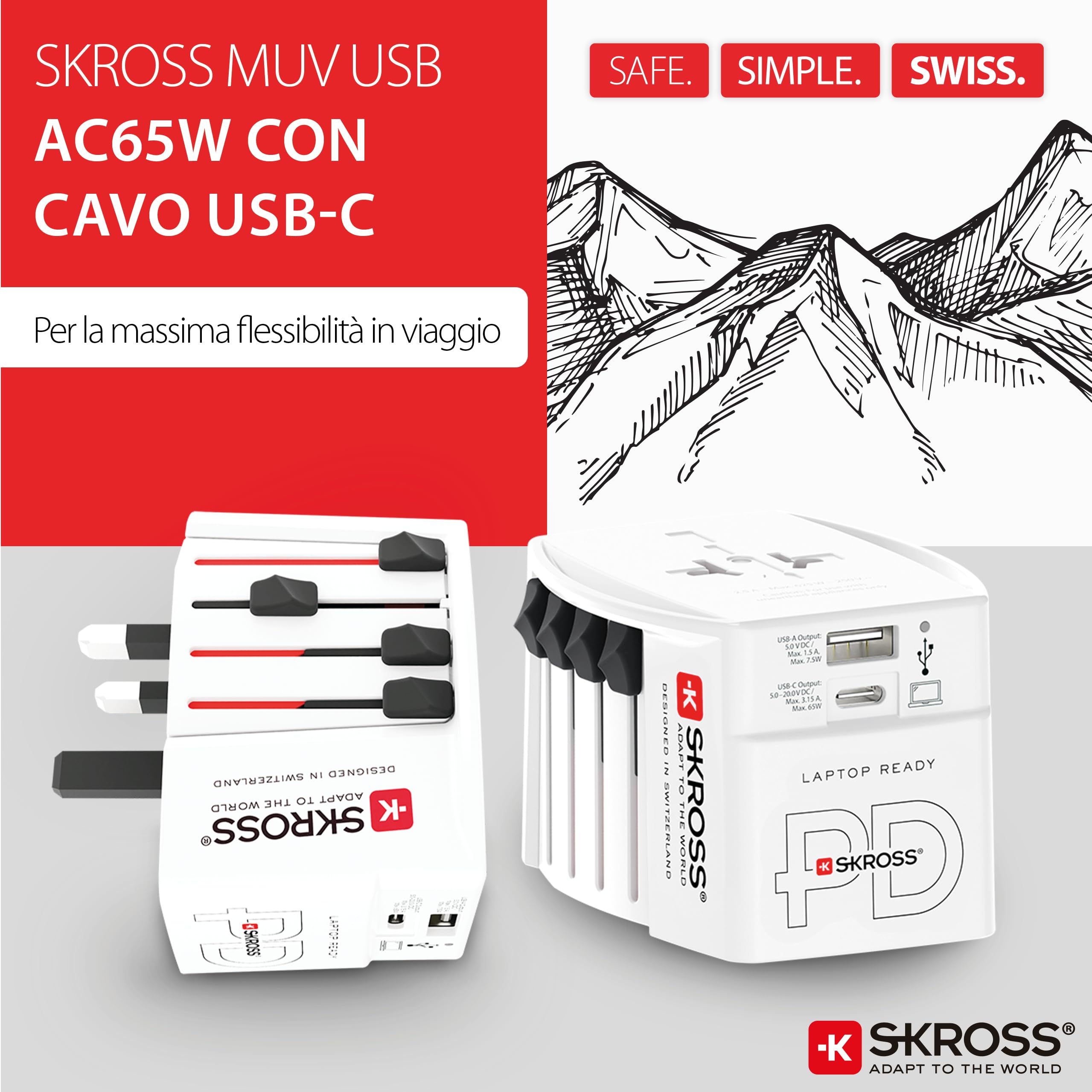 SKROSS -MUV USB AC65PD con cavo USB-C (160 cm) - Adattatore da viaggio universale a 2 poli + 1 USB C e 1 USB 65 W - Tensione e potenza: 100 V - 250 W/250 V - 625 W per laptop, tablet e smartphone