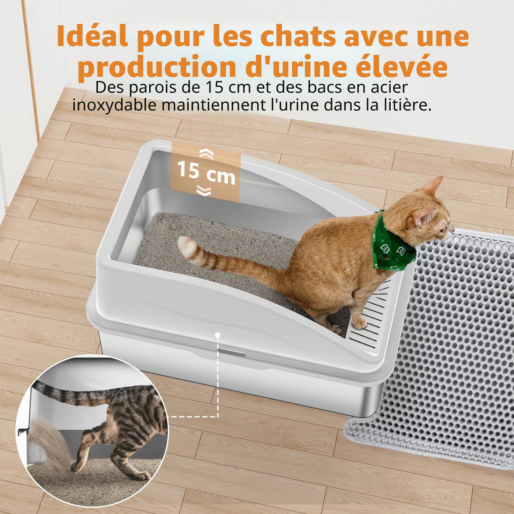 FURTIME Bac à Litière pour Chat, XXL Bac Litiere en Acier Inoxydable, Design Ouvert Facile à Nettoyer, avec 30 L Grande Capacité, avec Pelle à Litière en Acier, 58 x 37 x 28.5 cm