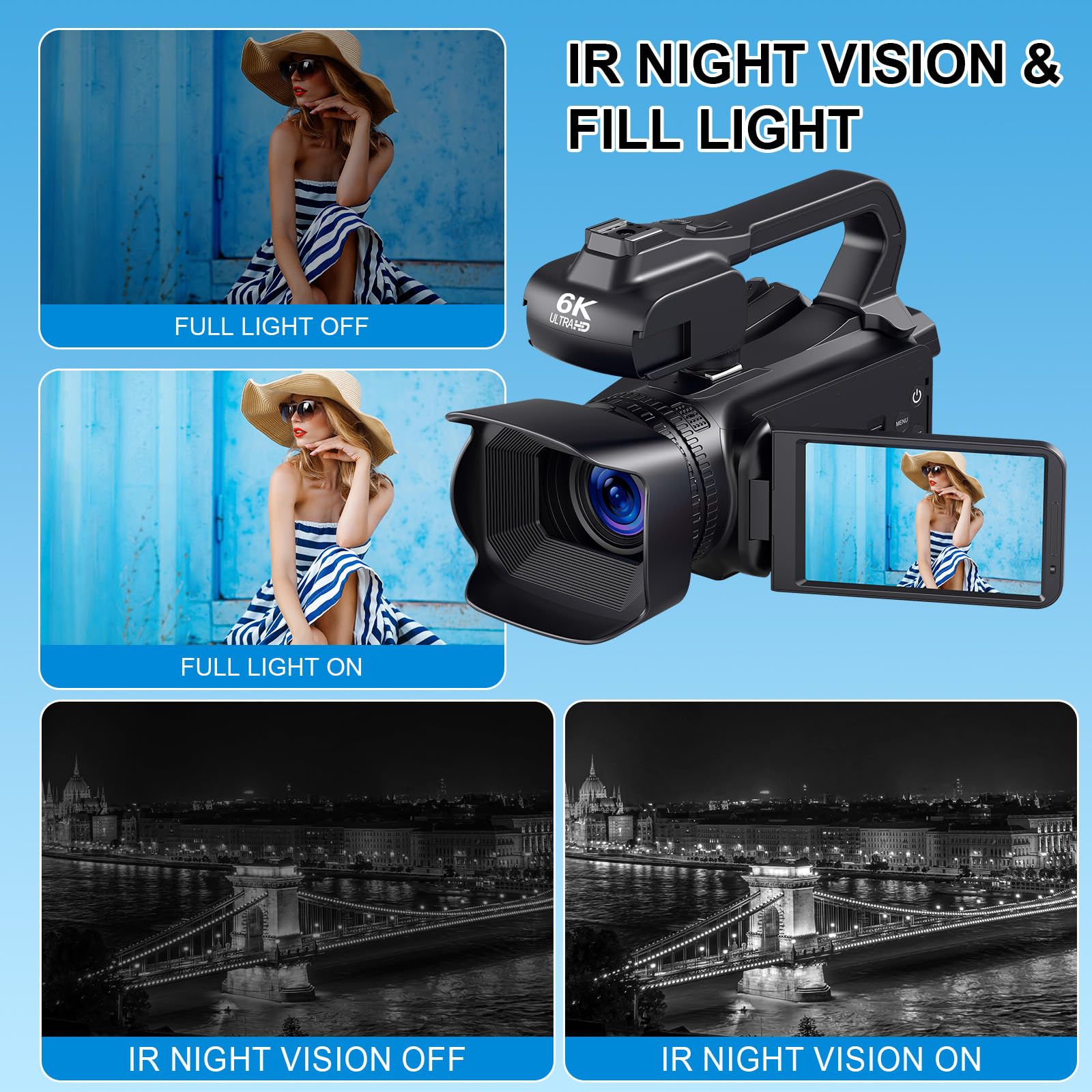 6K 64MP Camcorder Video Camera IR Night Vision Vlogging Camera for YouTube 18X Digital Zoom 4.0" Touch Screen Digital Camera with WiFi, Microphone, Charger, Stabilizer, Remote Control and 64GB SD Card