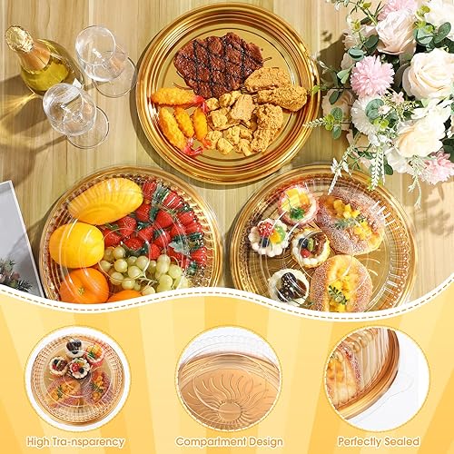 Miniatura 3 de Maxcheck 24 bandejas de servicio resistentes de 12 pulgadas con tapa, bandeja grande de plástico para verduras con elegante bandeja redonda dorada