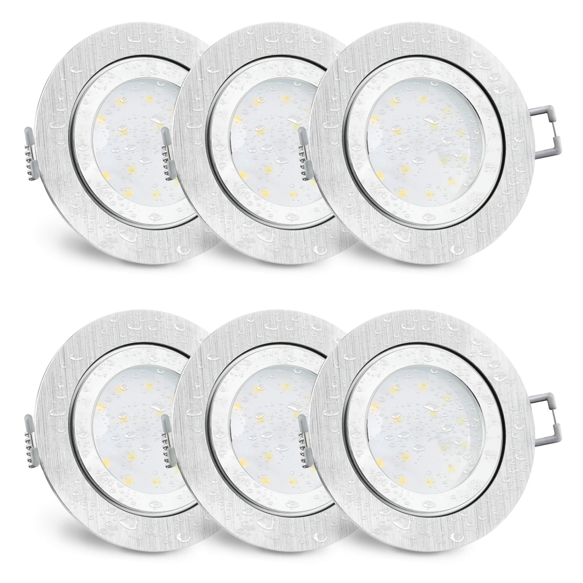 SSC-LUXon RW-2 LED Bad Einbauleuchte 6x rund Alu IP44 4W neutralweiß | Spritzwassergeschützte Downlights im 6er Set fürs Bad & Feuchtraum - neutralweiß, nur 30mm tief, Leuchtmittel wechselbar