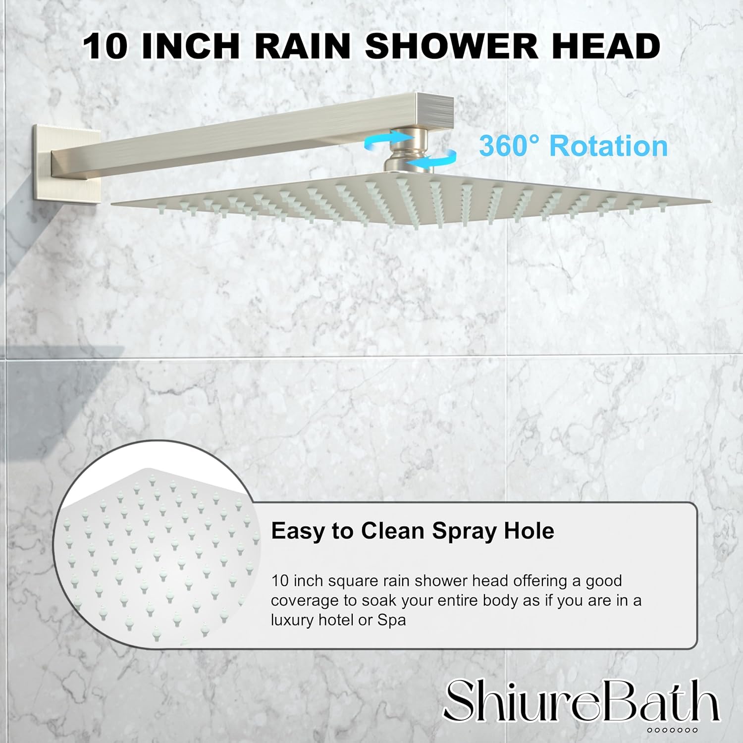 Close-up of the 10-inch rain shower head with easy-to-clean spray holes