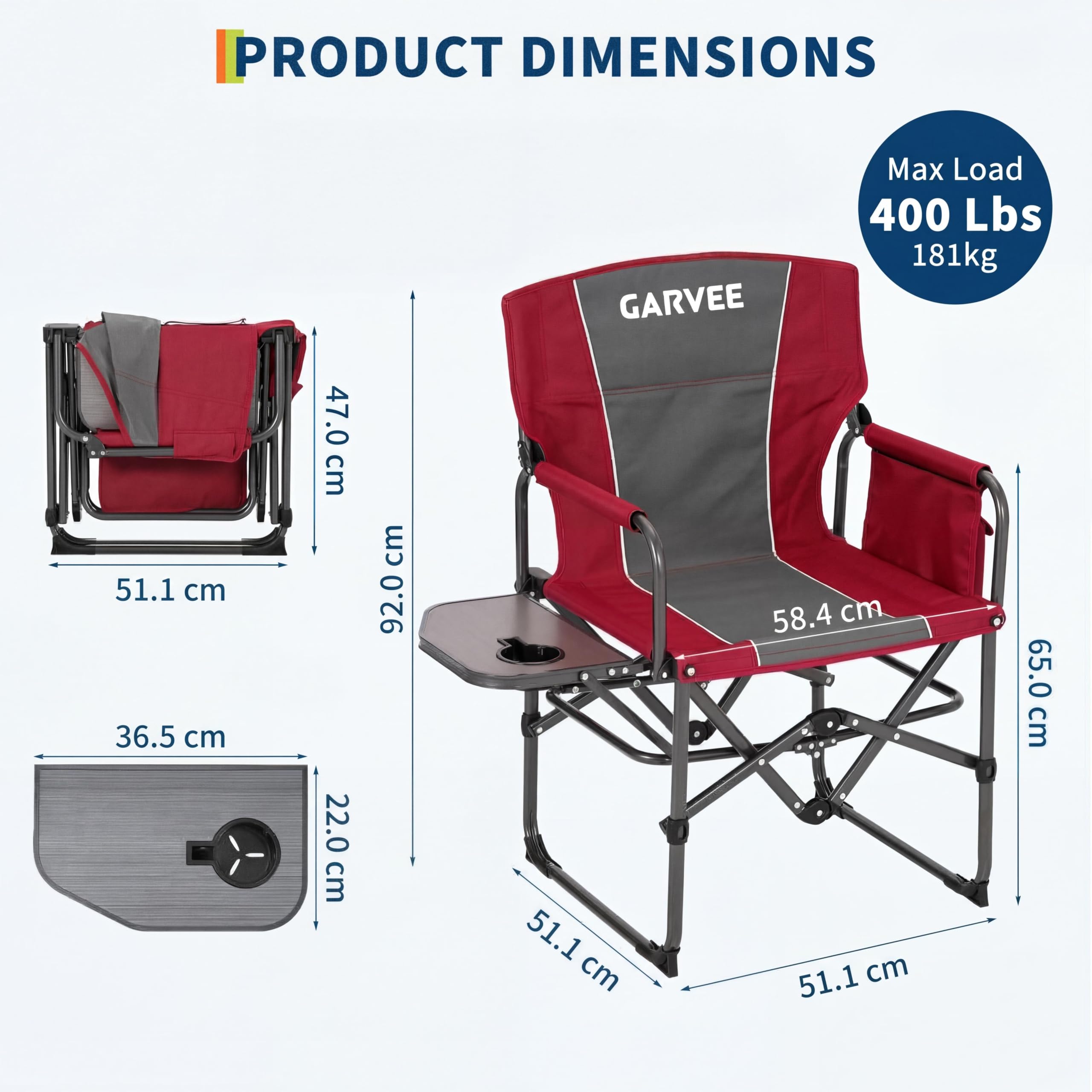 Garvee Sedia Regista Campeggio Oversize Pieghevole per Adulti, Struttura in Alluminio Robusta, Tavolino Laterale, Tasca Portaoggetti, Portabicchieri, Supporta Fino a 150 Kg, Perfetta per Campeggio