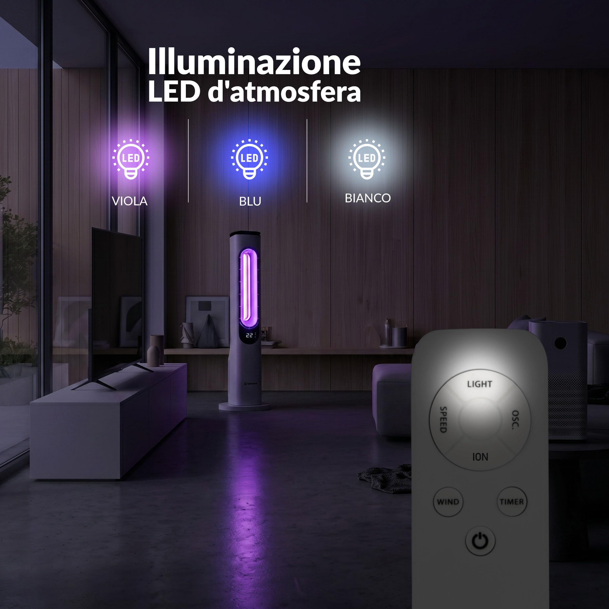 LEHMANN Ventilatore a Torre senza Pale, Ventilatore a Colonna Silenzioso con Modalità Notte, Telecomando, Schermo LED, Timer 1-15 h, 3 Velocità, 3 Modalità, 3 Colori di Illuminazione, Oscillazione
