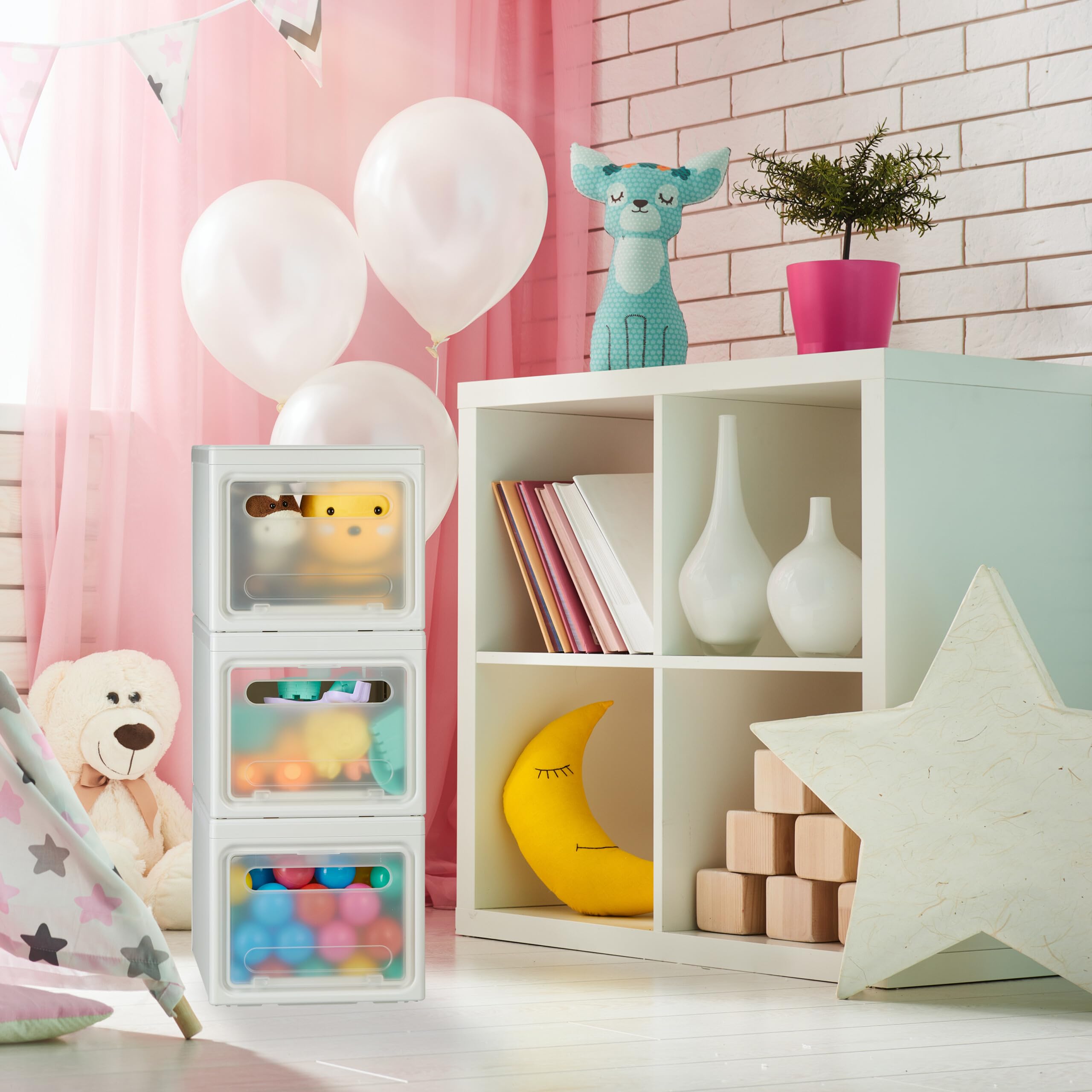 Relaxdays Cajas de Almacenaje Apilables en Set de 4, Cestas de Plástico, 31L, con Tapa y Puerta Semitransparente, Blanco