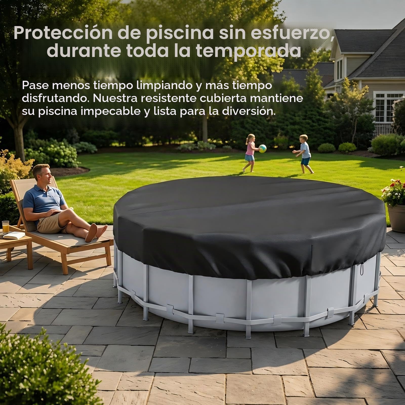 Cobertor Piscina Redonda 366, Tela Oxford 420D Cubre Piscina, Resistente al Agua, al Polvo y al Desgarro Cobertor Piscina Invierno con Cuerda, Estacas para el Suelo y Bolsa de Almacenamiento
