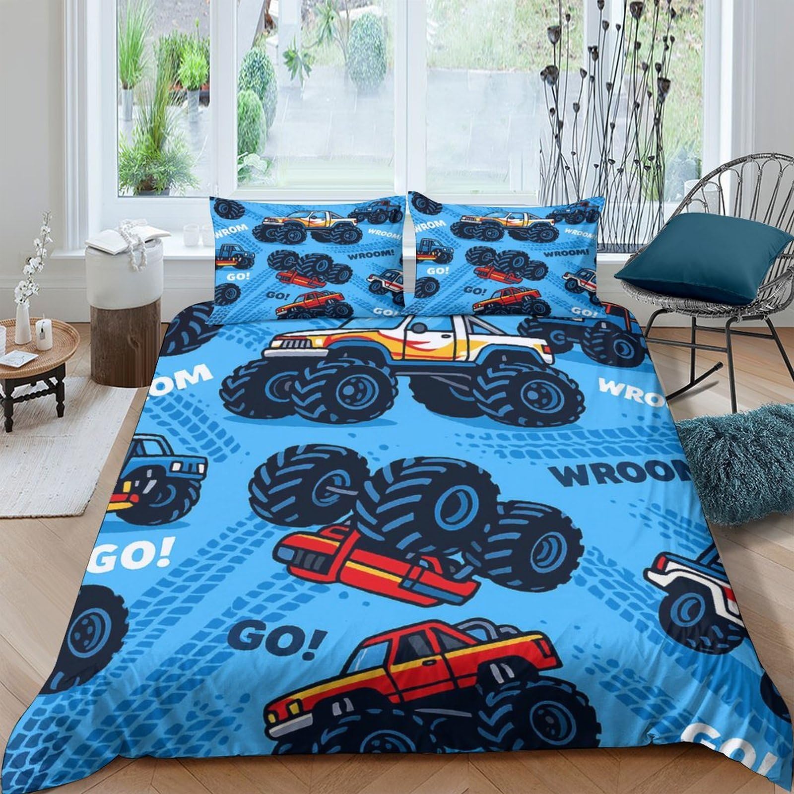 Ctjqhvkz Style-8 3D Printed Monster Truck Fitted Sheet Microfiber Blue Racing Car Bed Cover For Bedroom Dorm Mattress Protection Decor Single（135X200cm）