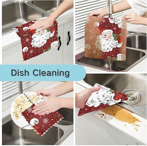 Miniatura 2 de Paños de cocina rojos con copos de nieve de Papá Noel, paquete de 6 paños de cocina de secado rápido, toallas de limpieza absorbentes para cocina y